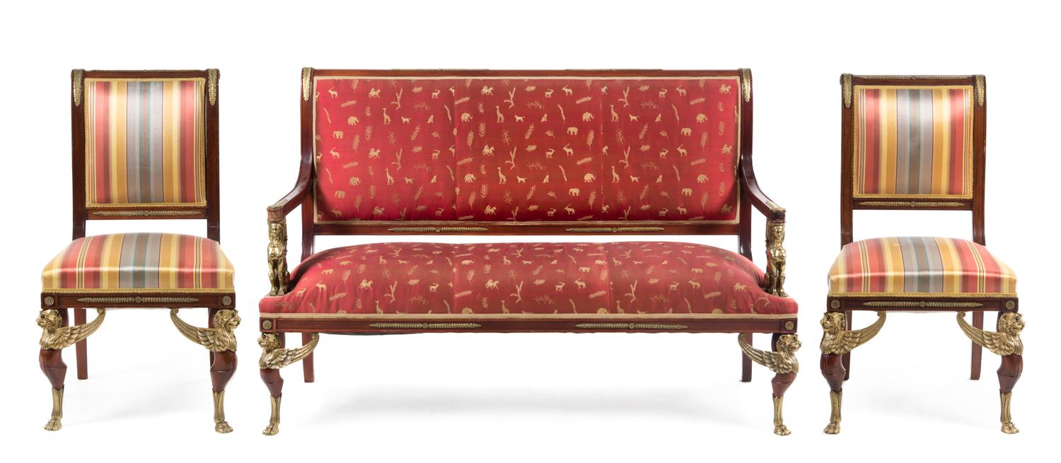 An Empire Style Gilt Bronze Mounted Mahogany Salon Suite Height of settee 41 1/2 x width 59 1/8 x depth 24 1/2 inches. — LATE 19TH CENTURY