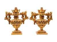 A Pair of Italian Giltwood Finials Mounted as Lamps with Silk Shades