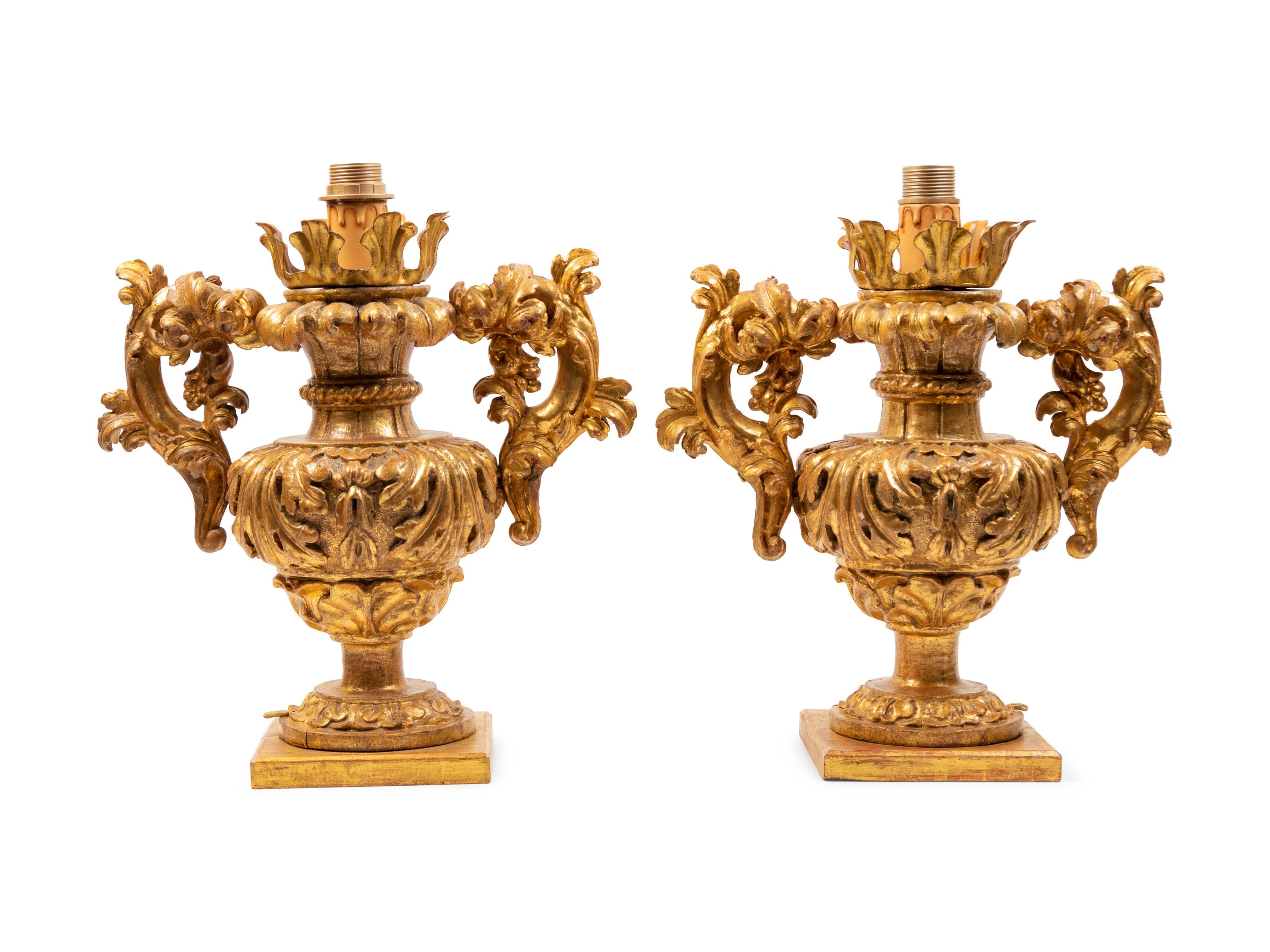 A Pair of Italian Giltwood Finials Mounted as Lamps with Silk Shades