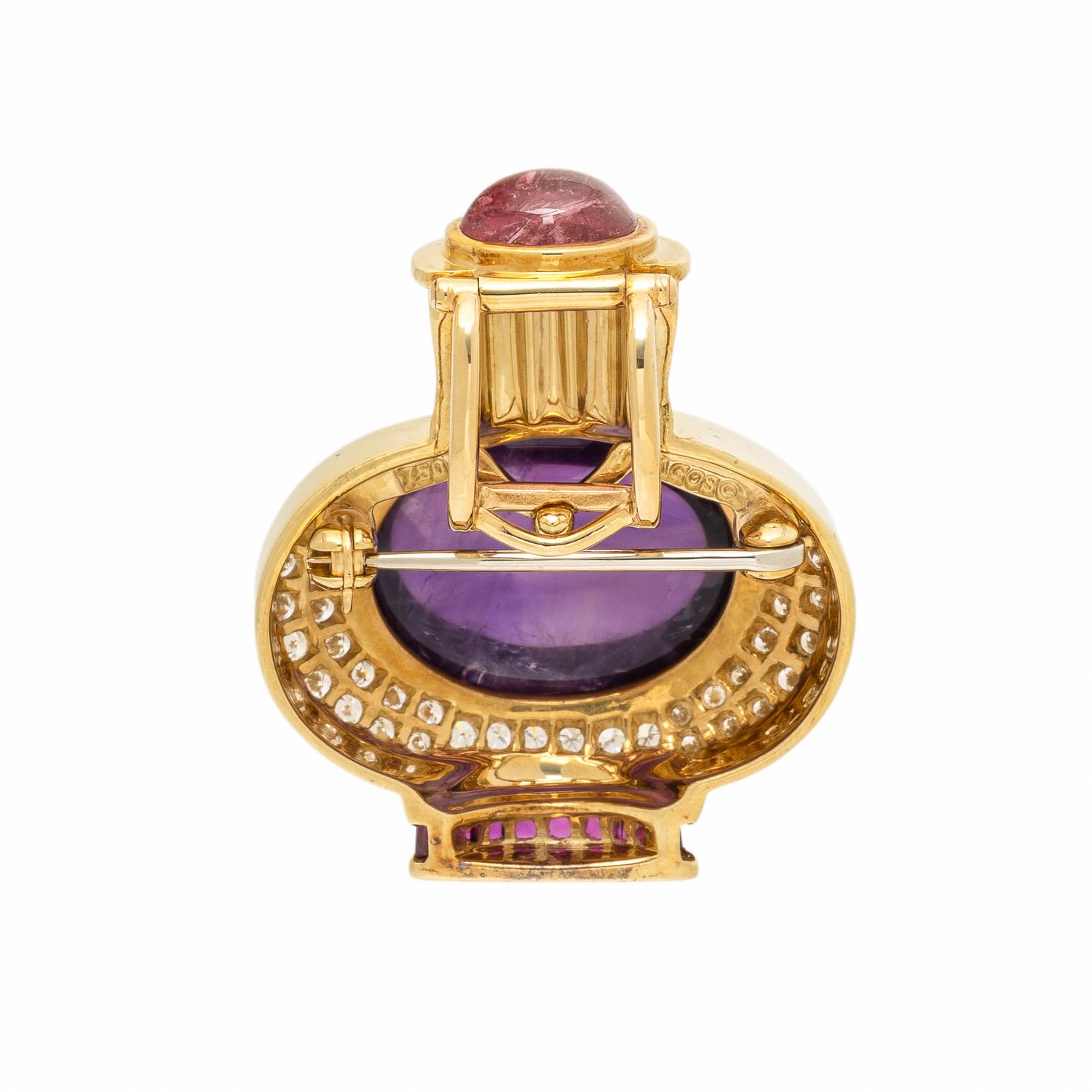 Lagos, Multigem, Diamond, and Yellow Gold Pendant Brooch with Unsigned Omega Necklace