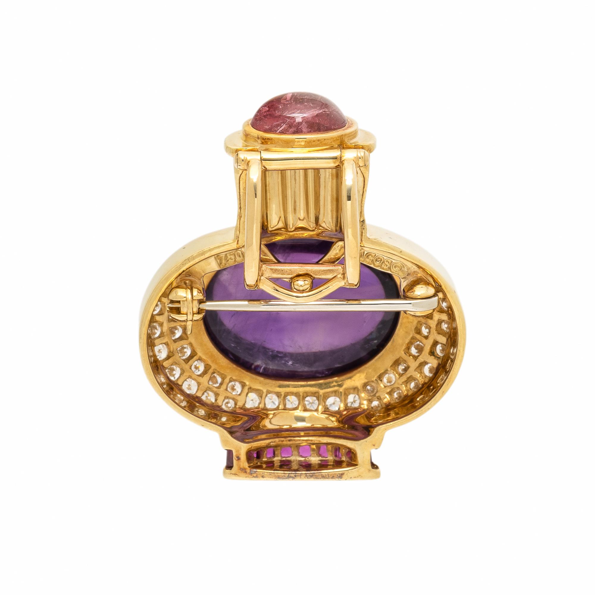 Lagos, Multigem, Diamond, and Yellow Gold Pendant Brooch with Unsigned Omega Necklace