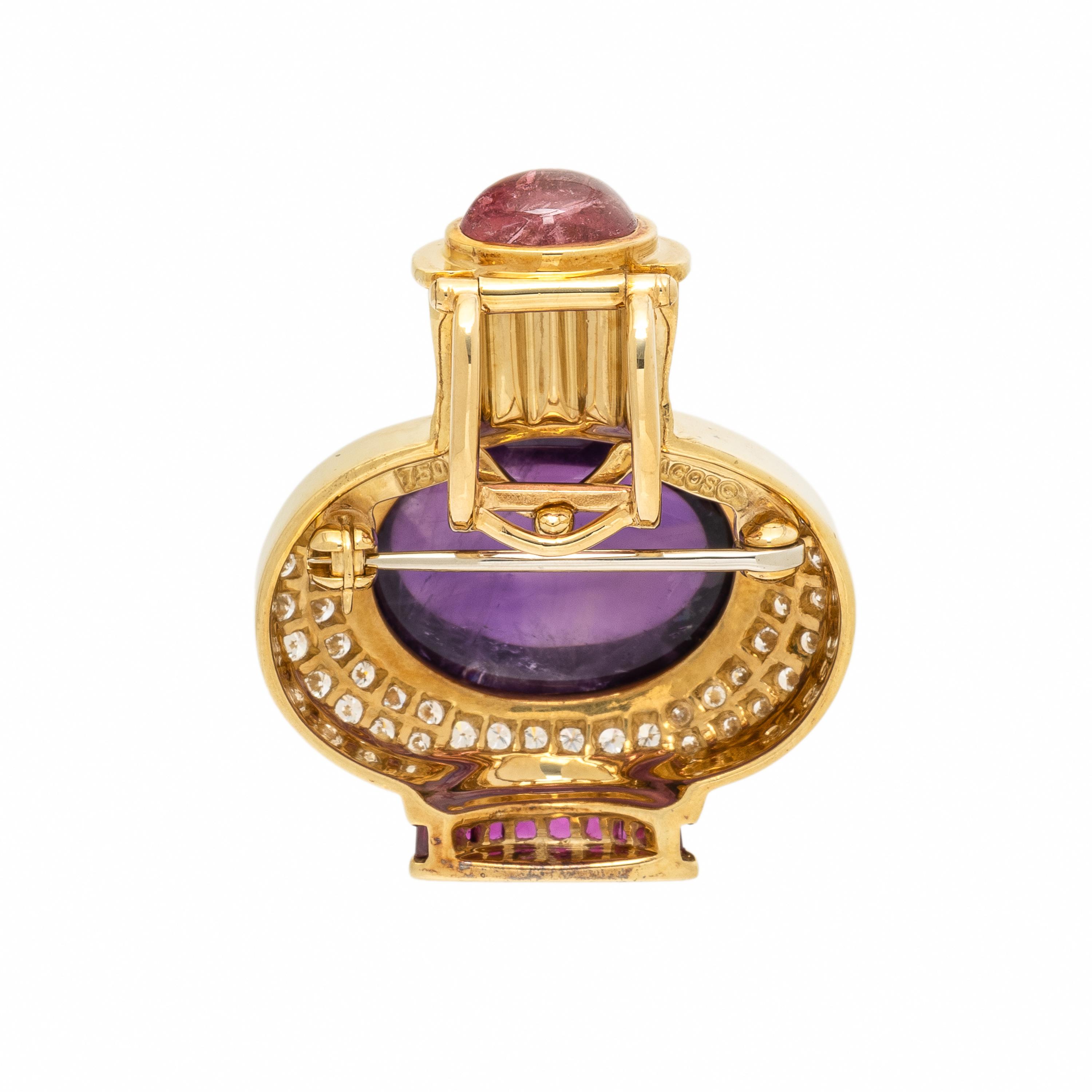 Lagos, Multigem, Diamond, and Yellow Gold Pendant Brooch with Unsigned Omega Necklace