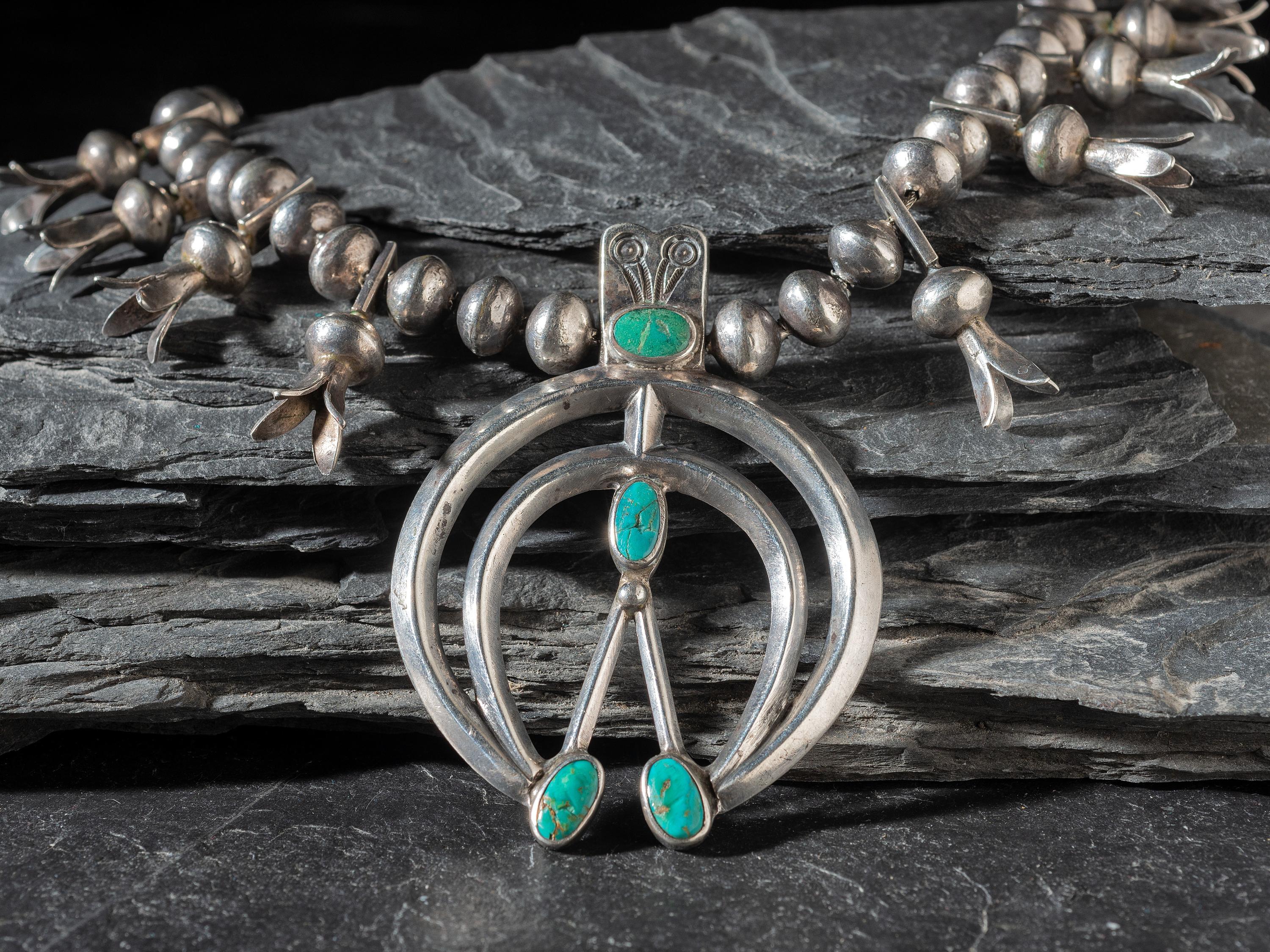 Navajo Silver and Turquoise Squash Blossom Necklace