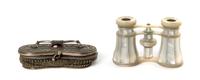 A Pair of French Mother-of-Pearl Veneered Opera Glasses, Lemaire, Width 3 7/8 inches.