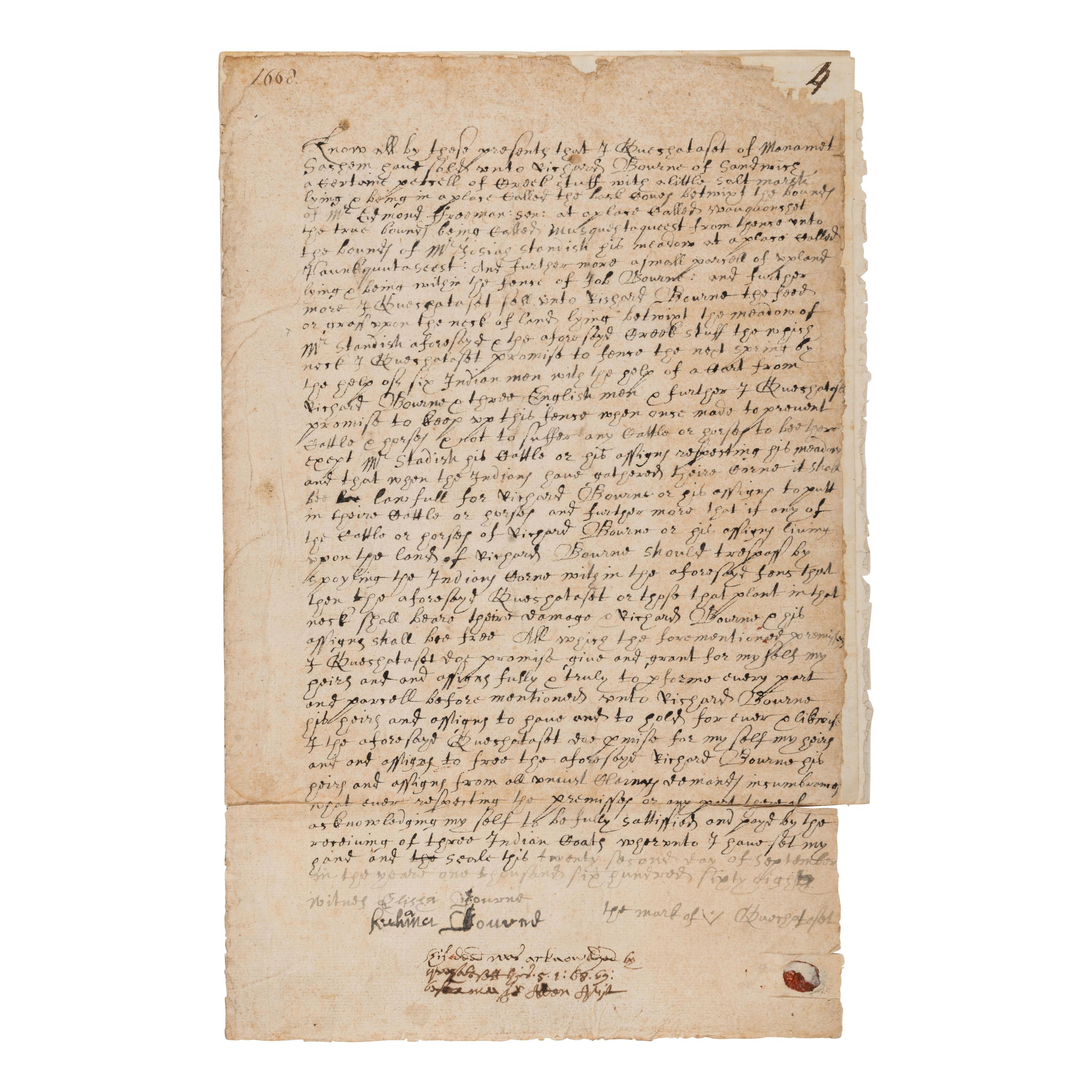 [Plymouth Colony]. Alden, John (ca 1598-1687). Autograph endorsement signed, n.p. [Duxbury, MA?], 5 March 1668-1669.