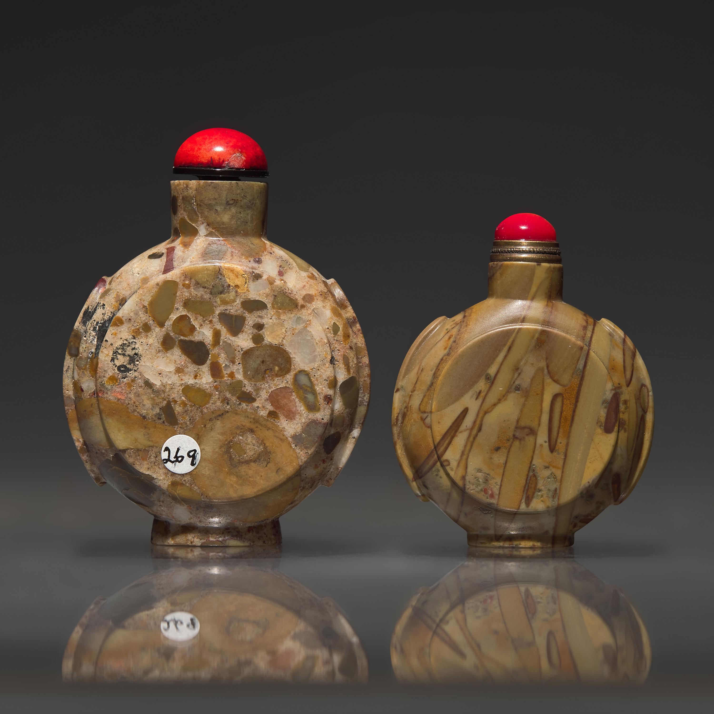 Two Chinese Puddingstone Snuff Bottles, 18th-19th Century — 清中期 抱子石鼻煙壺兩支