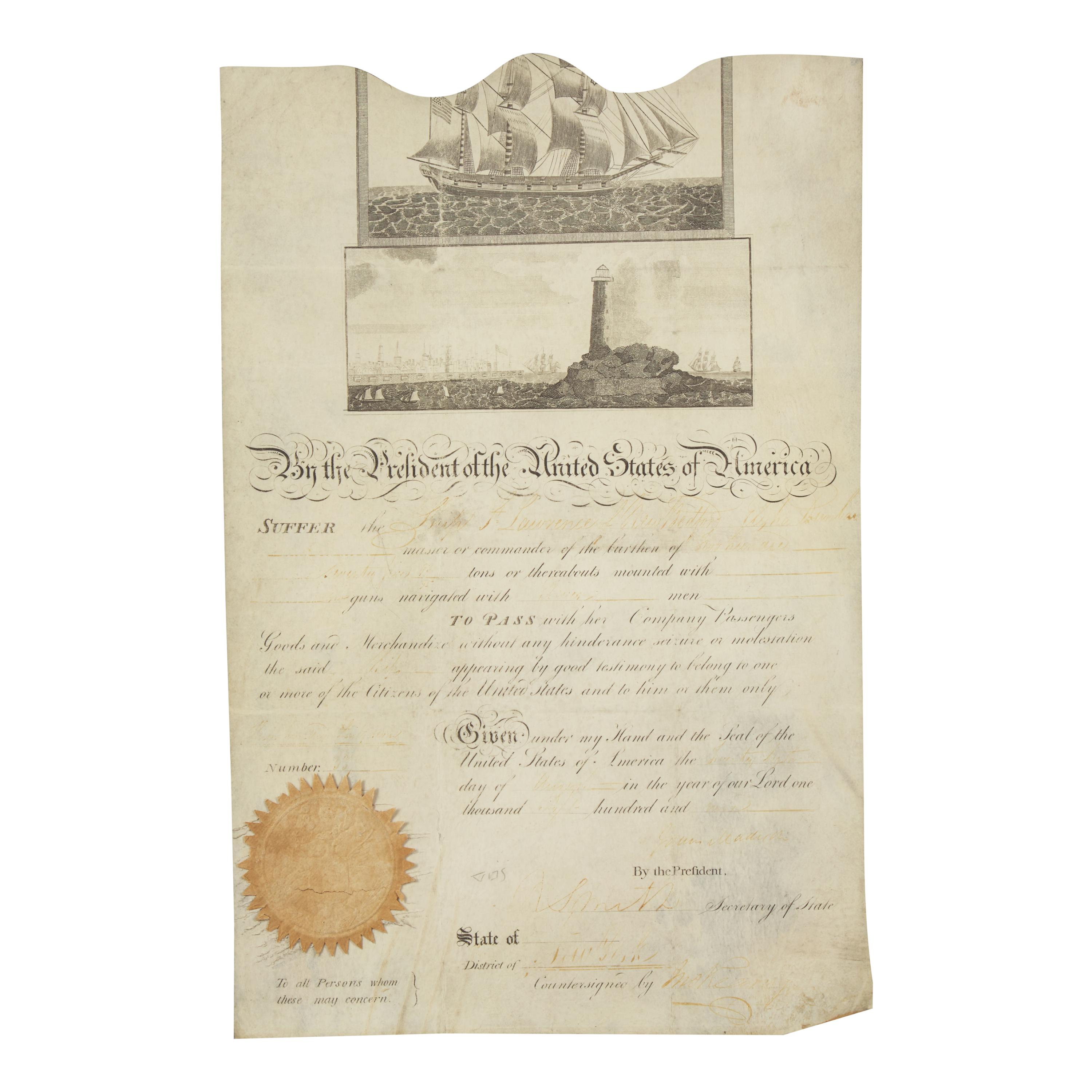 [Presidential] Madison, James. Partially-printed ship's passport, signed