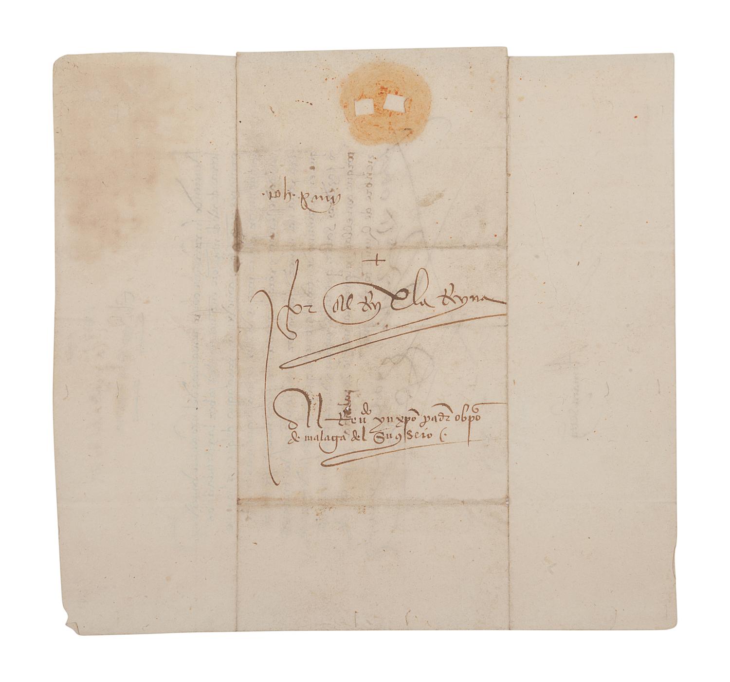 FERDINAND II (1452-1516) and ISABELLA I of Spain (1451-1504). Letter signed at head (“Yo El Rey” & “Yo La Reyna”) to the Bishop of Malaga and his council. Palencia, 12 December 1501. In Spanish. One page, 4to (221 x 206 mm), addressed on verso to the Bishop of Malaga and his council panel. Signed by a secretary “Almacan” at foot on recto. (Some light toning in upper left corner, 4 horizontal teas on lower blank margin, small area of paper thin not affecting signatures or text, folds….) Housed in leather folding case with a matted print. Provenance : Library of Roger Wagner (sold, PBA Galleries, 18 March 2010, lot 70).
