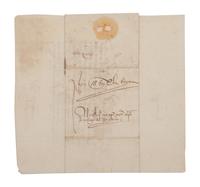 FERDINAND II (1452-1516) and ISABELLA I of Spain (1451-1504). Letter signed at head (“Yo El Rey” & “Yo La Reyna”) to the Bishop of Malaga and his council. Palencia, 12 December 1501. In Spanish. One page, 4to (221 x 206 mm), addressed on verso to the Bishop of Malaga and his council panel. Signed by a secretary “Almacan” at foot on recto. (Some light toning in upper left corner, 4 horizontal teas on lower blank margin, small area of paper thin not affecting signatures or text, folds….) Housed in leather folding case with a matted print. Provenance : Library of Roger Wagner (sold, PBA Galleries, 18 March 2010, lot 70).