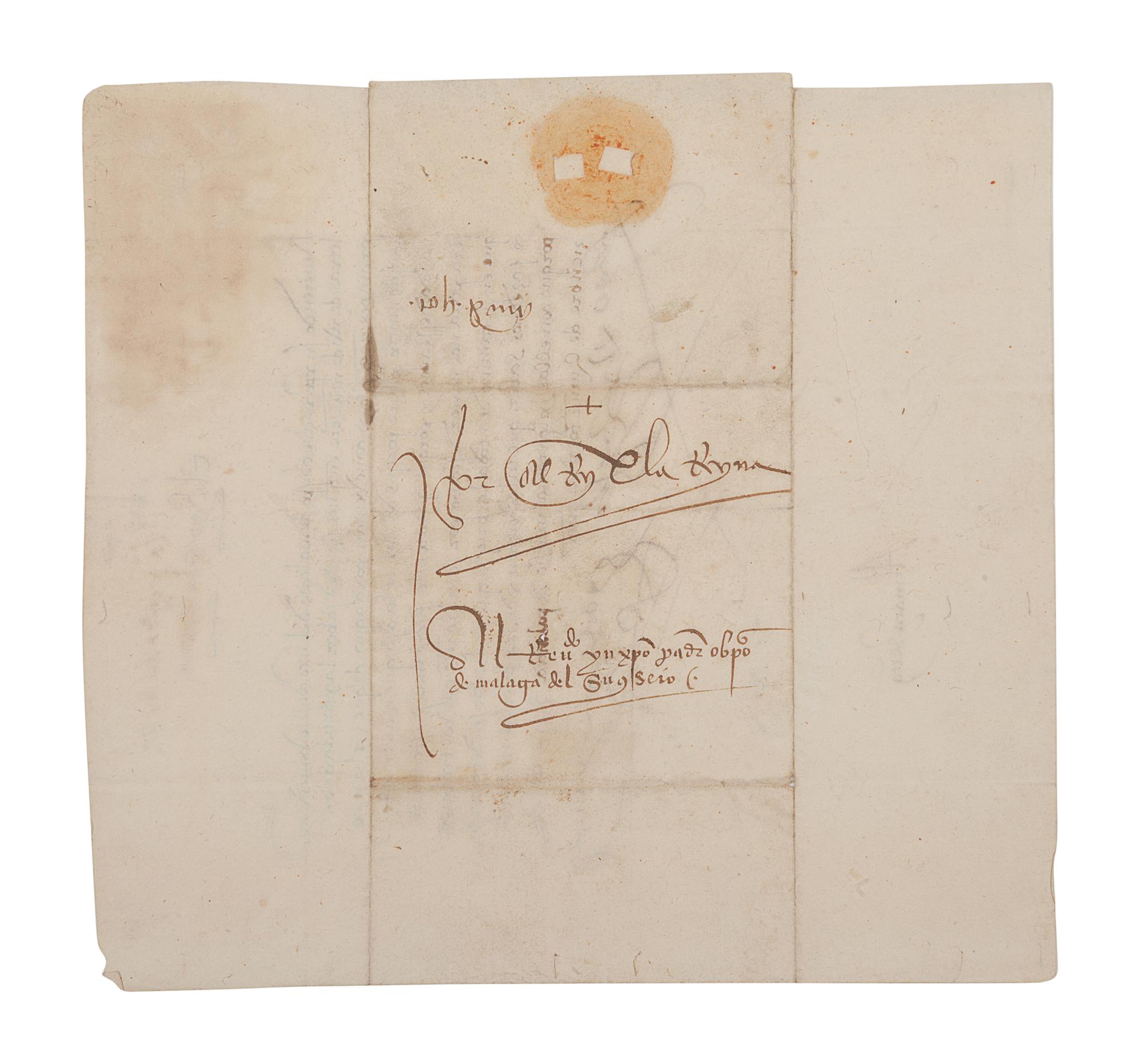 FERDINAND II (1452-1516) and ISABELLA I of Spain (1451-1504). Letter signed at head (“Yo El Rey” & “Yo La Reyna”) to the Bishop of Malaga and his council. Palencia, 12 December 1501. In Spanish. One page, 4to (221 x 206 mm), addressed on verso to the Bishop of Malaga and his council panel. Signed by a secretary “Almacan” at foot on recto. (Some light toning in upper left corner, 4 horizontal teas on lower blank margin, small area of paper thin not affecting signatures or text, folds….) Housed in leather folding case with a matted print. Provenance : Library of Roger Wagner (sold, PBA Galleries, 18 March 2010, lot 70).