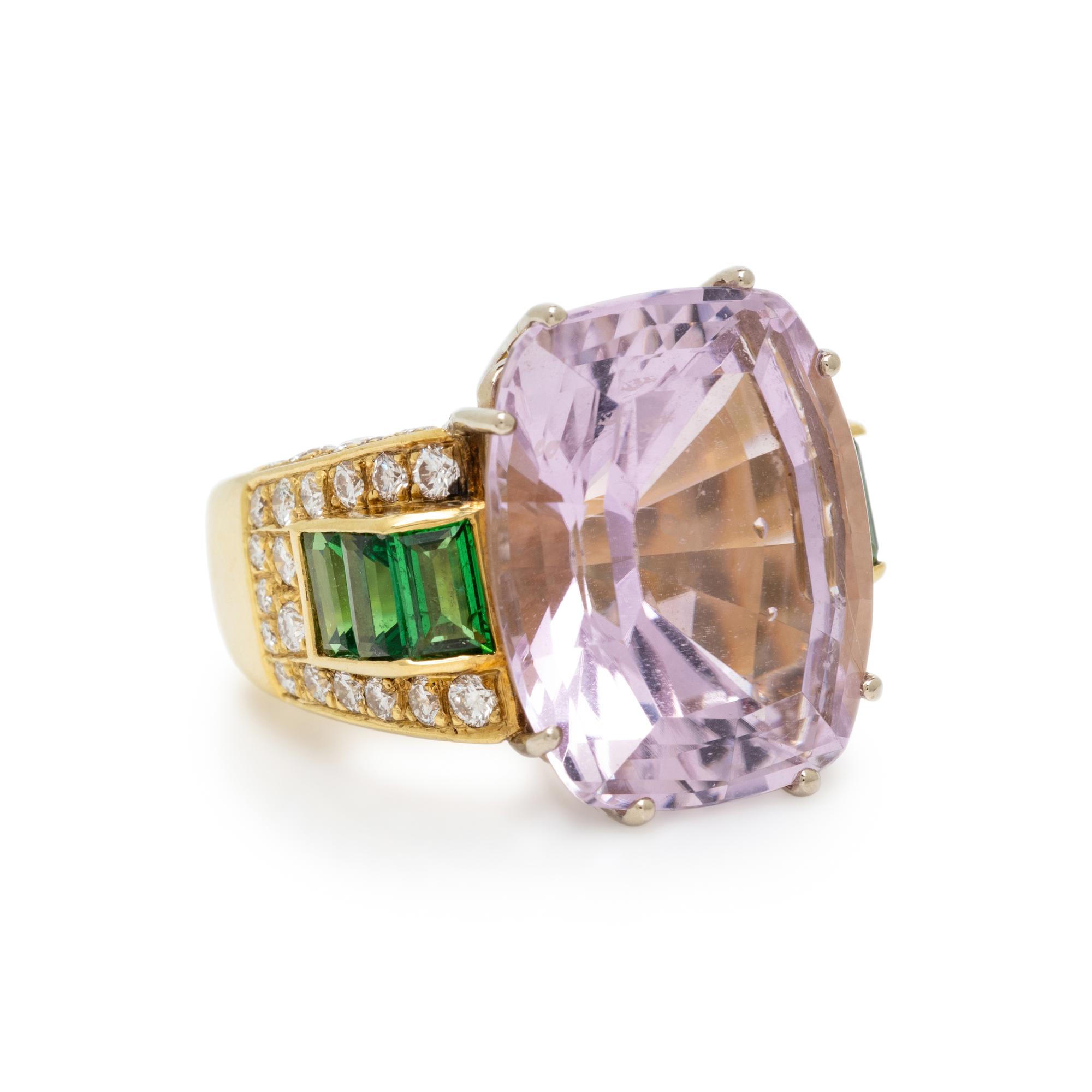 KUNZITE, TSAVORITE GARNET, DIAMOND, AND YELLOW GOLD RING
