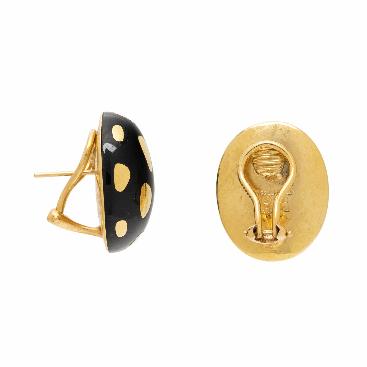 TIFFANY & CO., ANGELA CUMMINGS, BLACK JADE AND YELLOW GOLD 'POSITIVE NEGATIVE' EARRINGS