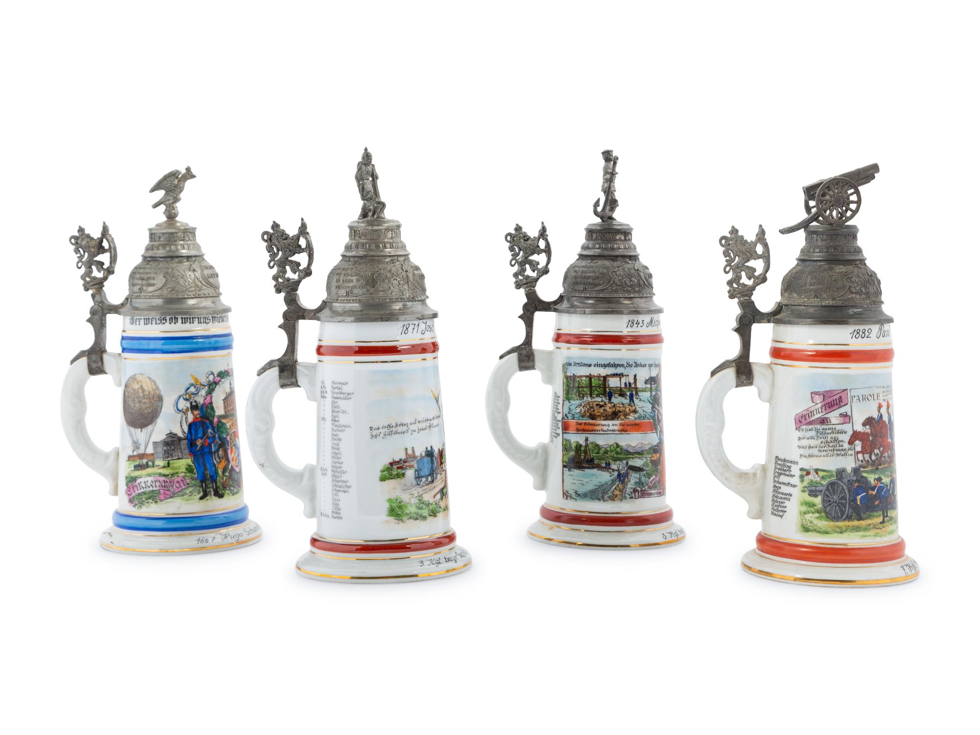 A Group of Regimental Porcelain Lithophane Beer Steins