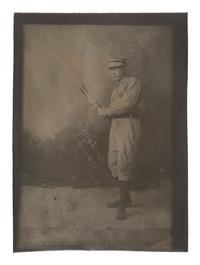 [SPORTS]. Hall Co., photographers. Half plate tintype proof of Chicago White Stockings pitcher, "Jocko" Flynn. Goodwin & Co., ca 1888.