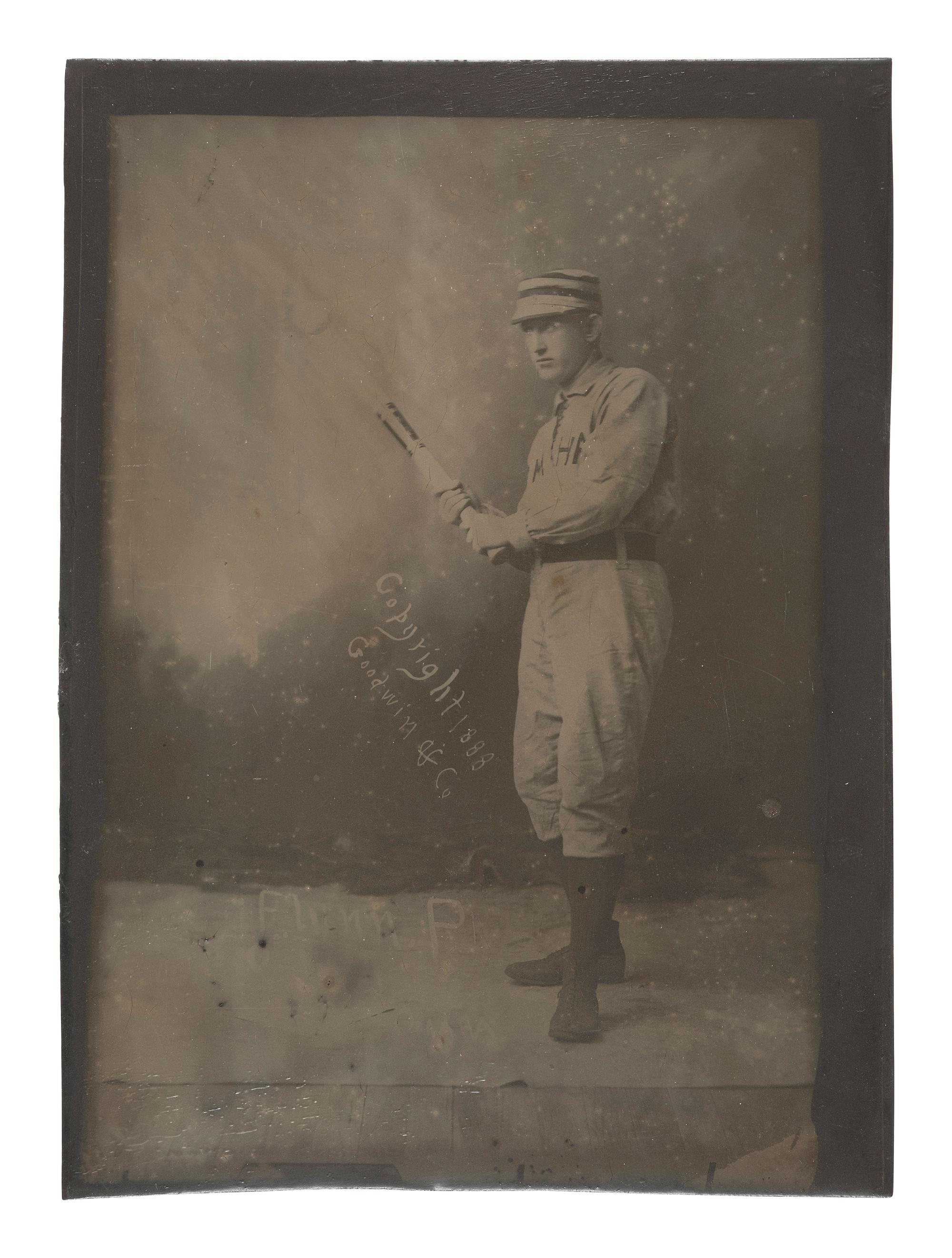 [SPORTS]. Hall Co., photographers. Half plate tintype proof of Chicago White Stockings pitcher, "Jocko" Flynn. Goodwin & Co., ca 1888.