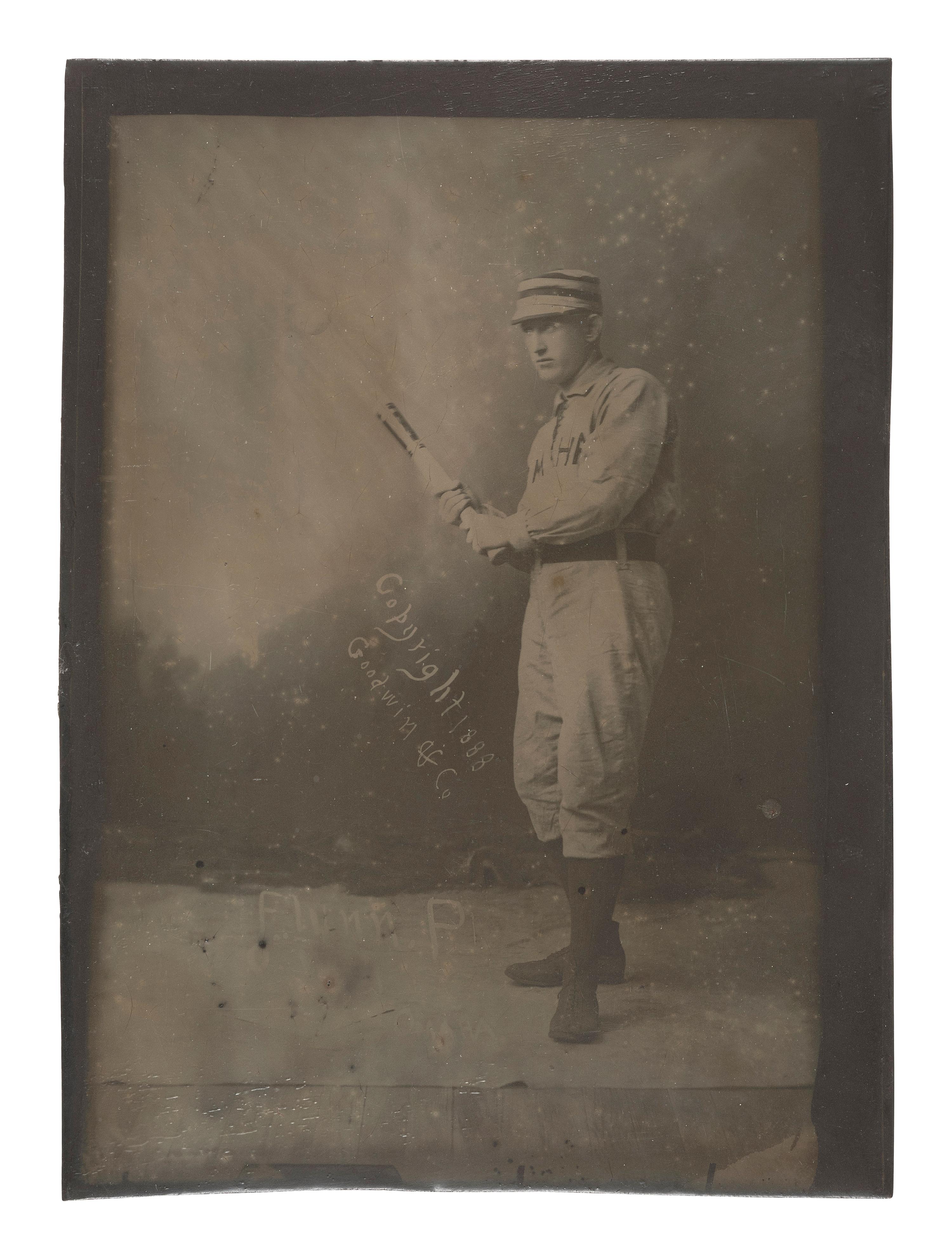 [SPORTS]. Hall Co., photographers. Half plate tintype proof of Chicago White Stockings pitcher, "Jocko" Flynn. Goodwin & Co., ca 1888.