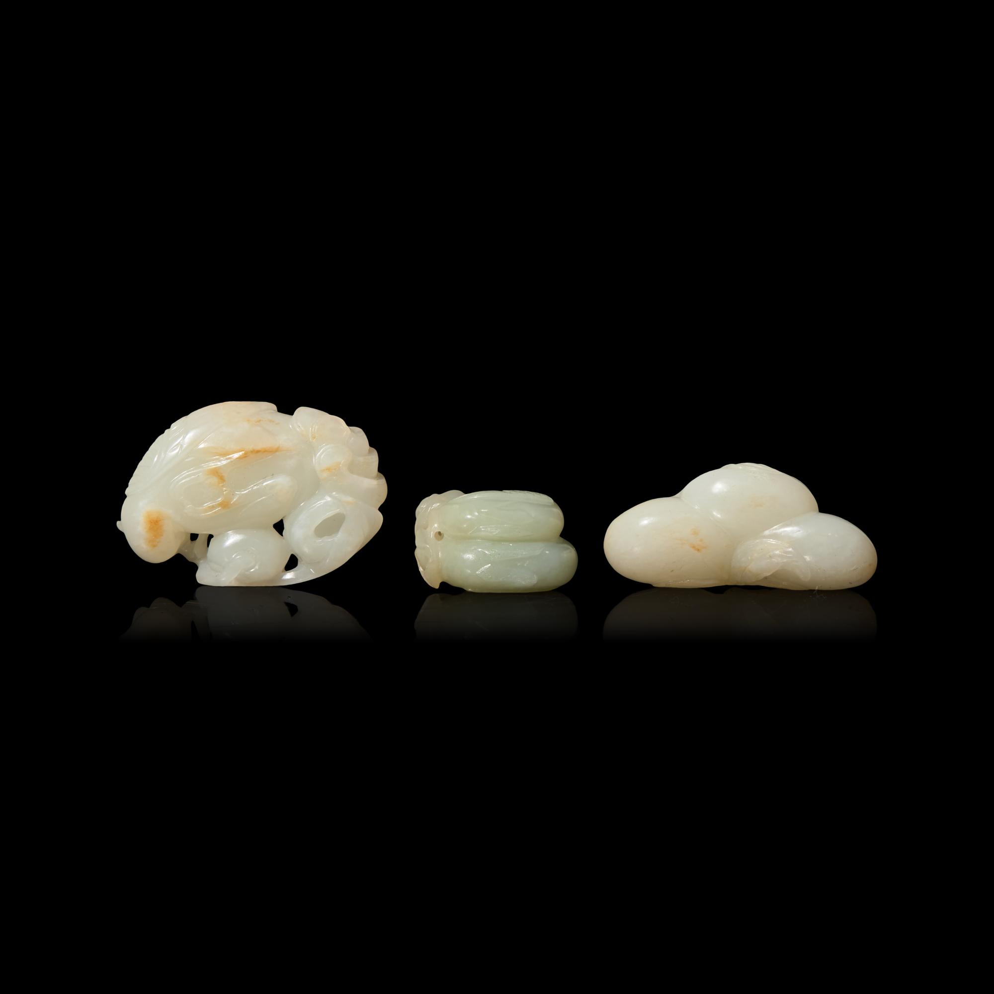 Three Chinese Carved White Jade Articles 白玉把件三枚