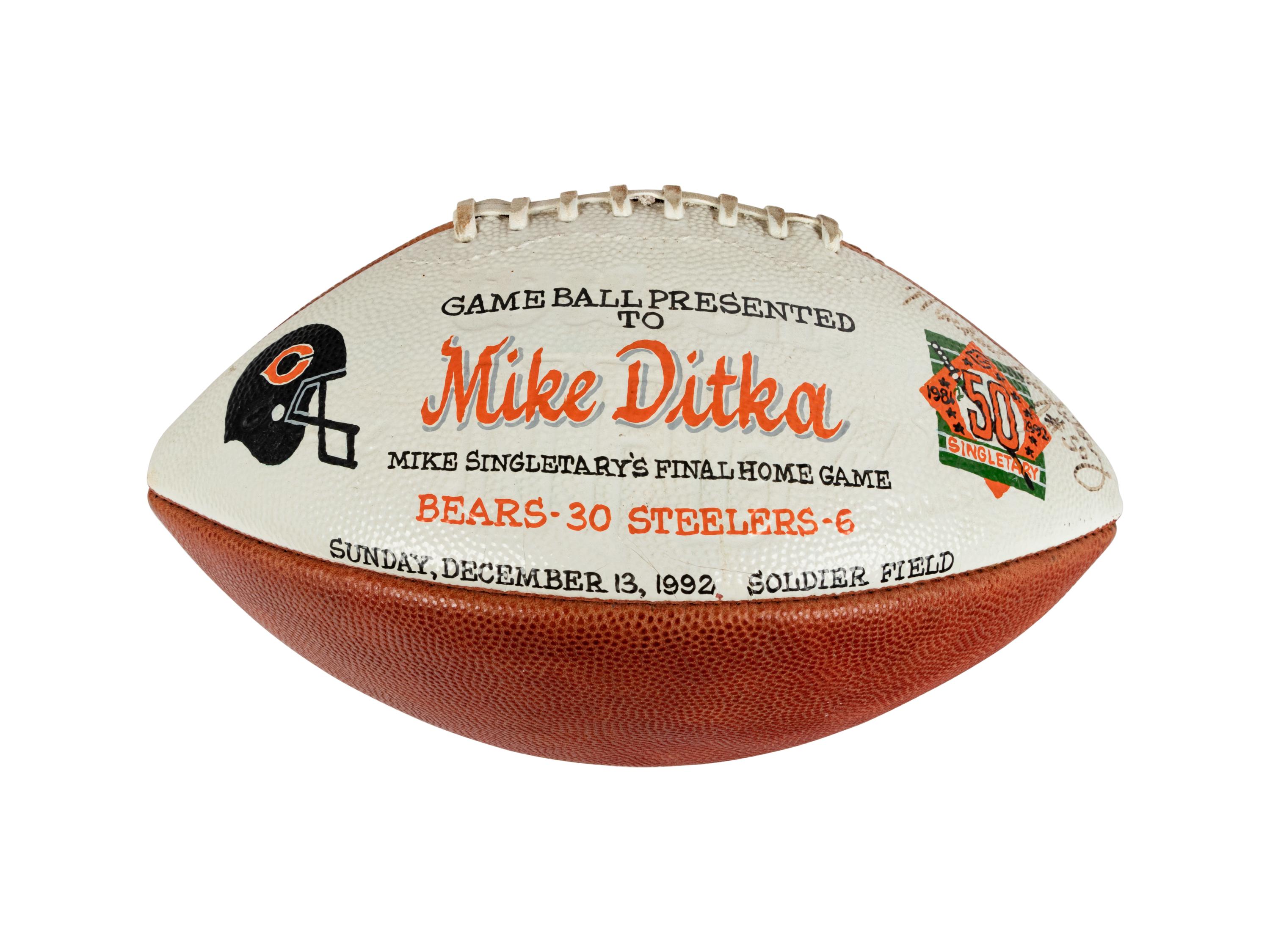 A 1992 Chicago Bears vs. Pittsburgh Steelers Game Ball Presented to Mike Ditka (Mike Singletary's Final Home Game) Formerly Displayed at Mike Ditka's Restaurant