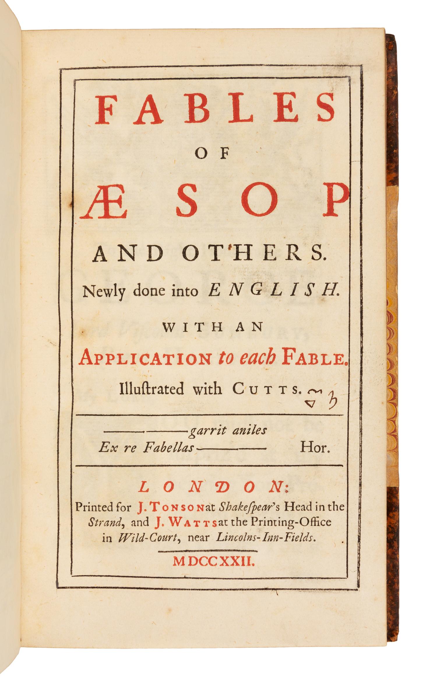 AESOP (ca 620-560 B.C.). Fables of Aesop and Others. London: for J. Tonson and J. Watts, 1722.