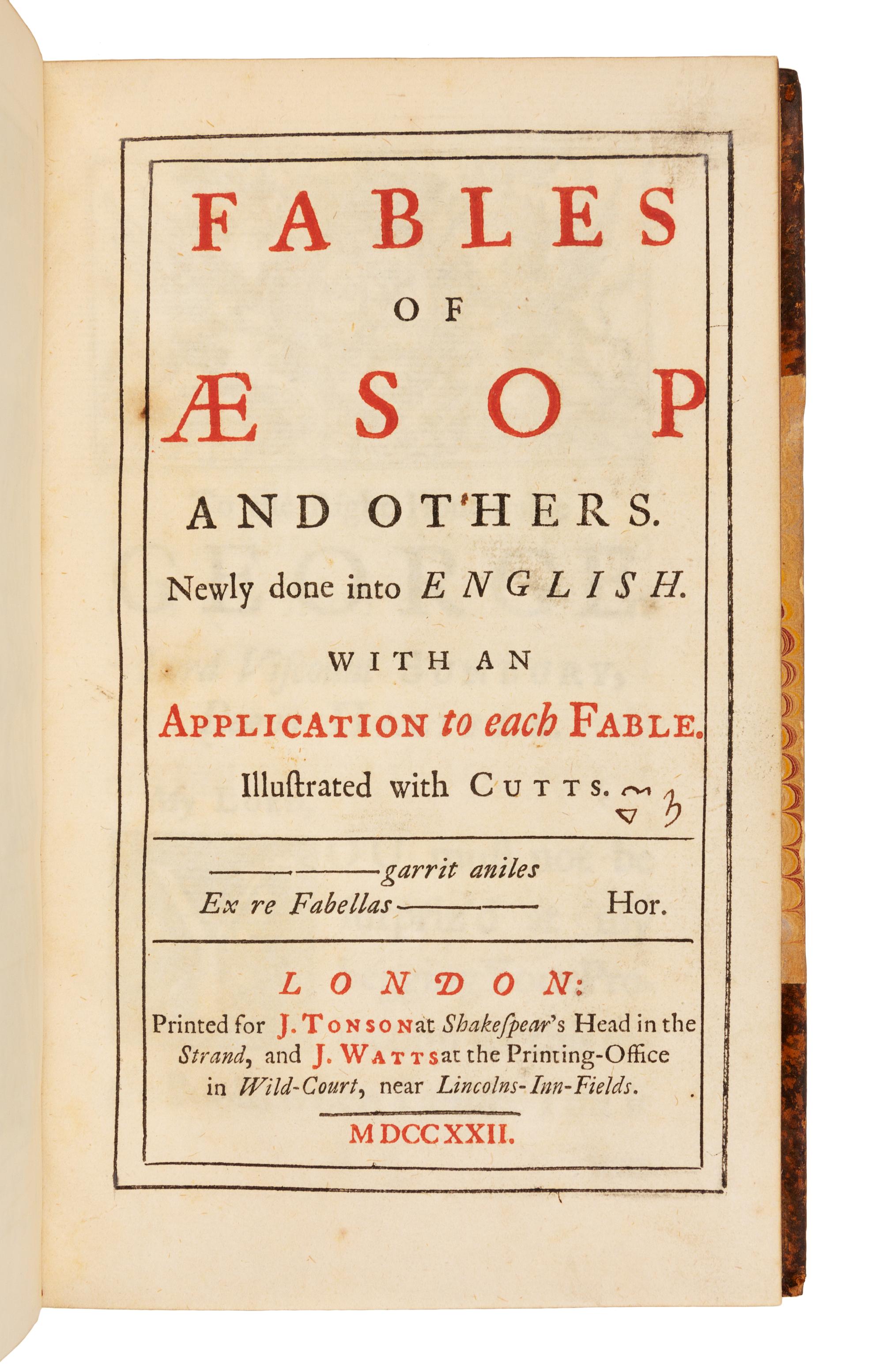 AESOP (ca 620-560 B.C.). Fables of Aesop and Others. London: for J. Tonson and J. Watts, 1722.