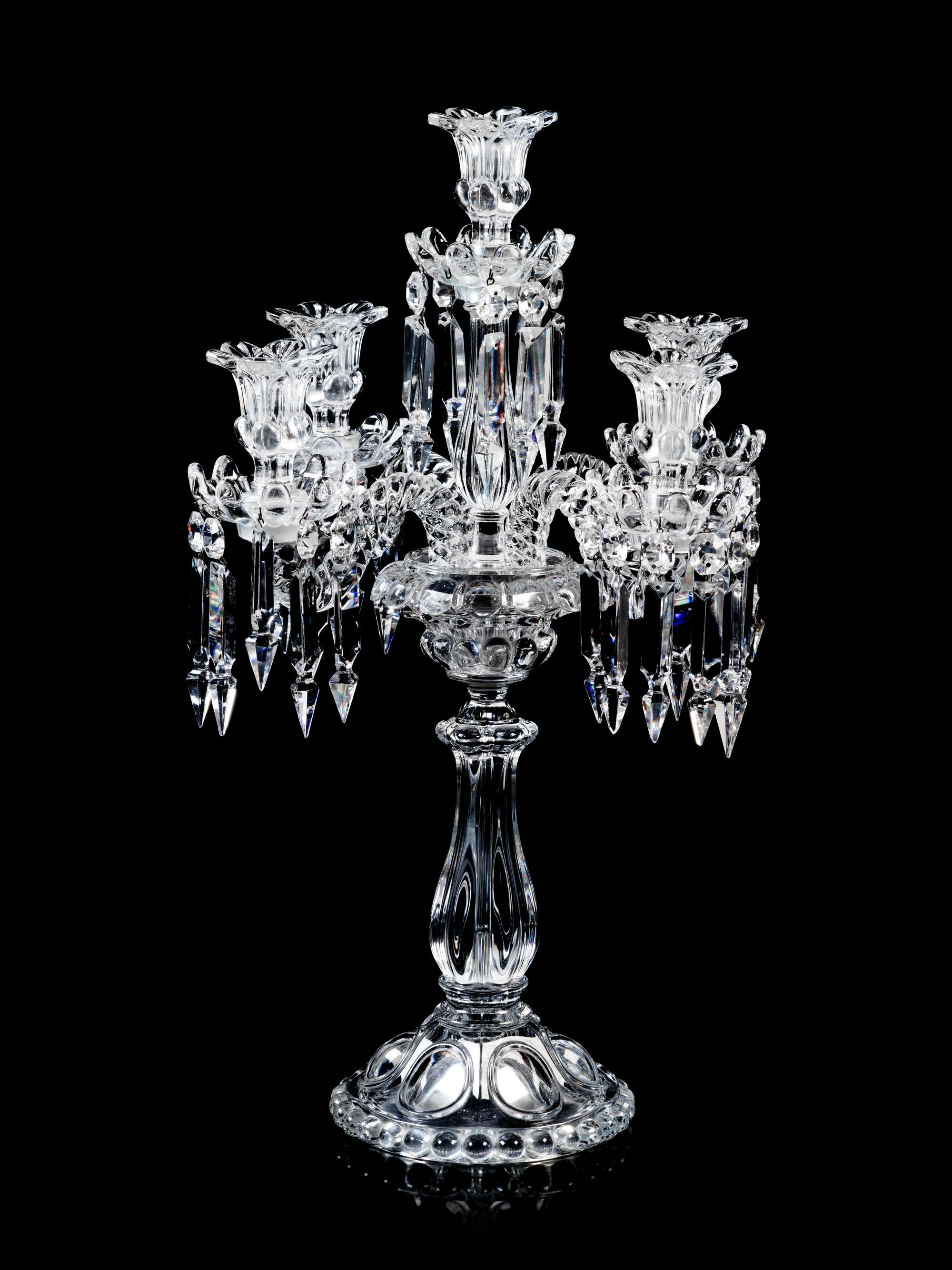 A Set of Three Baccarat Molded Glass Five-Light Candelabra