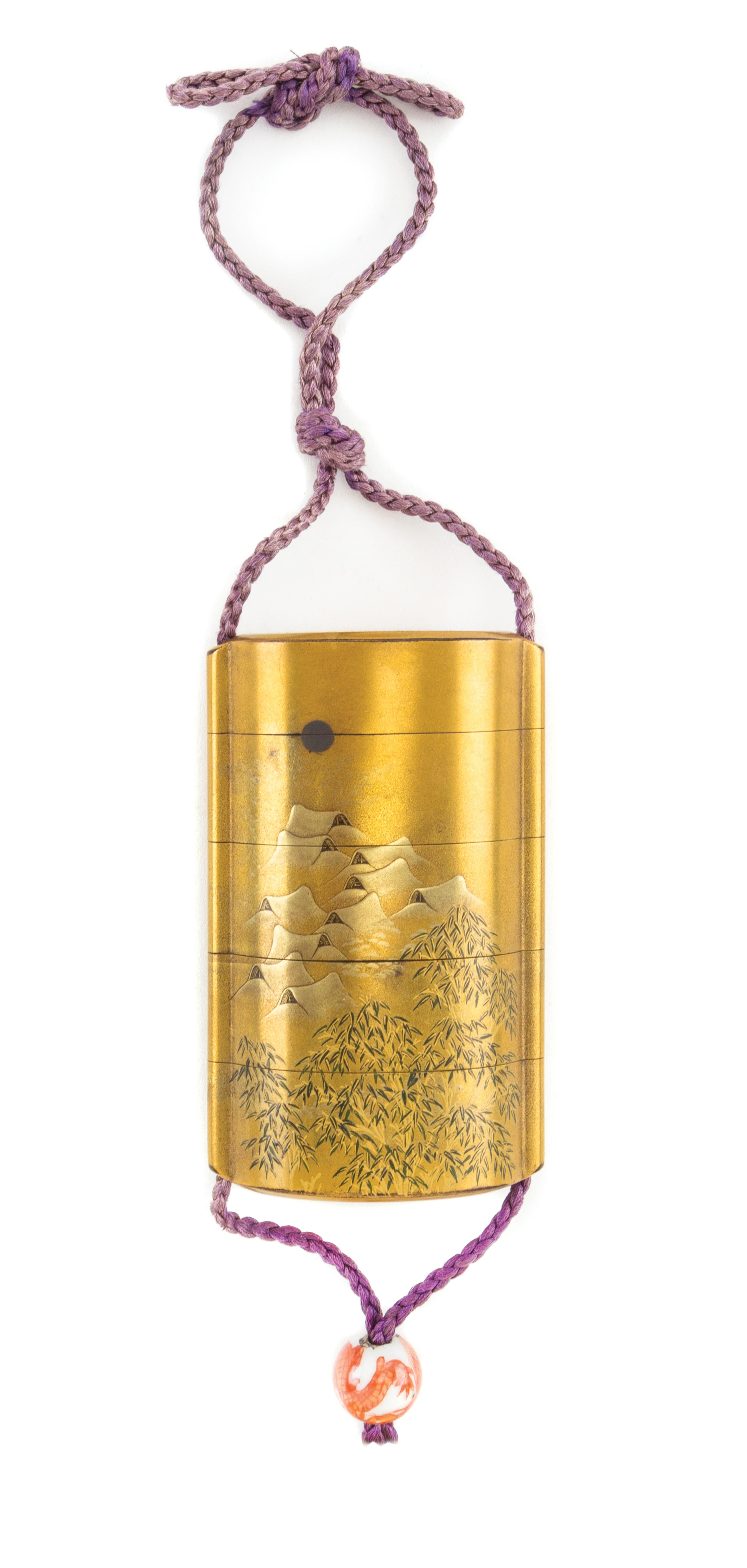 A Gilt Lacquer Four-Case Inro Height 3 1/2 inches.