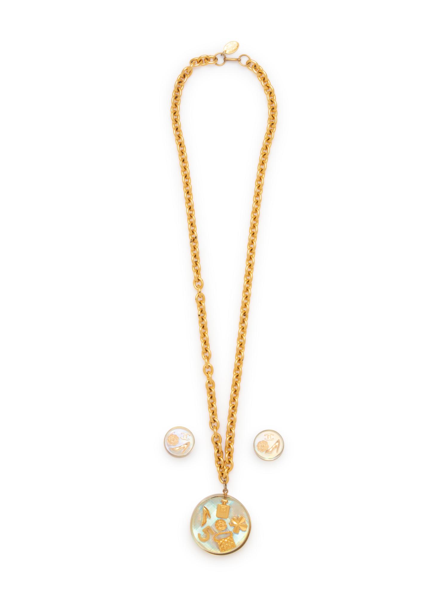 Chanel Goldtone Lucite Pendant & Matching Pair of Ear Clips, 1997