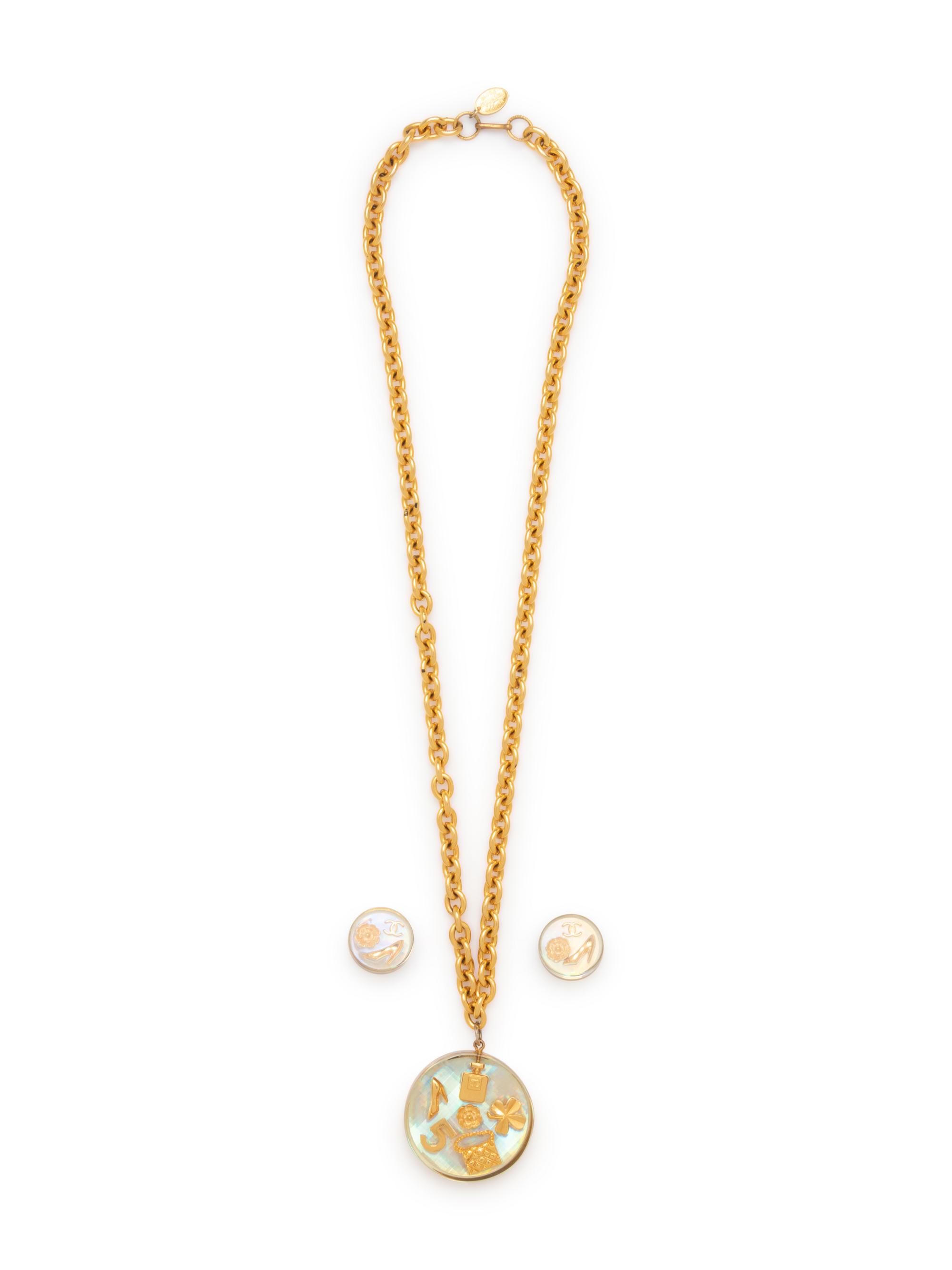 Chanel Goldtone Lucite Pendant & Matching Pair of Ear Clips, 1997