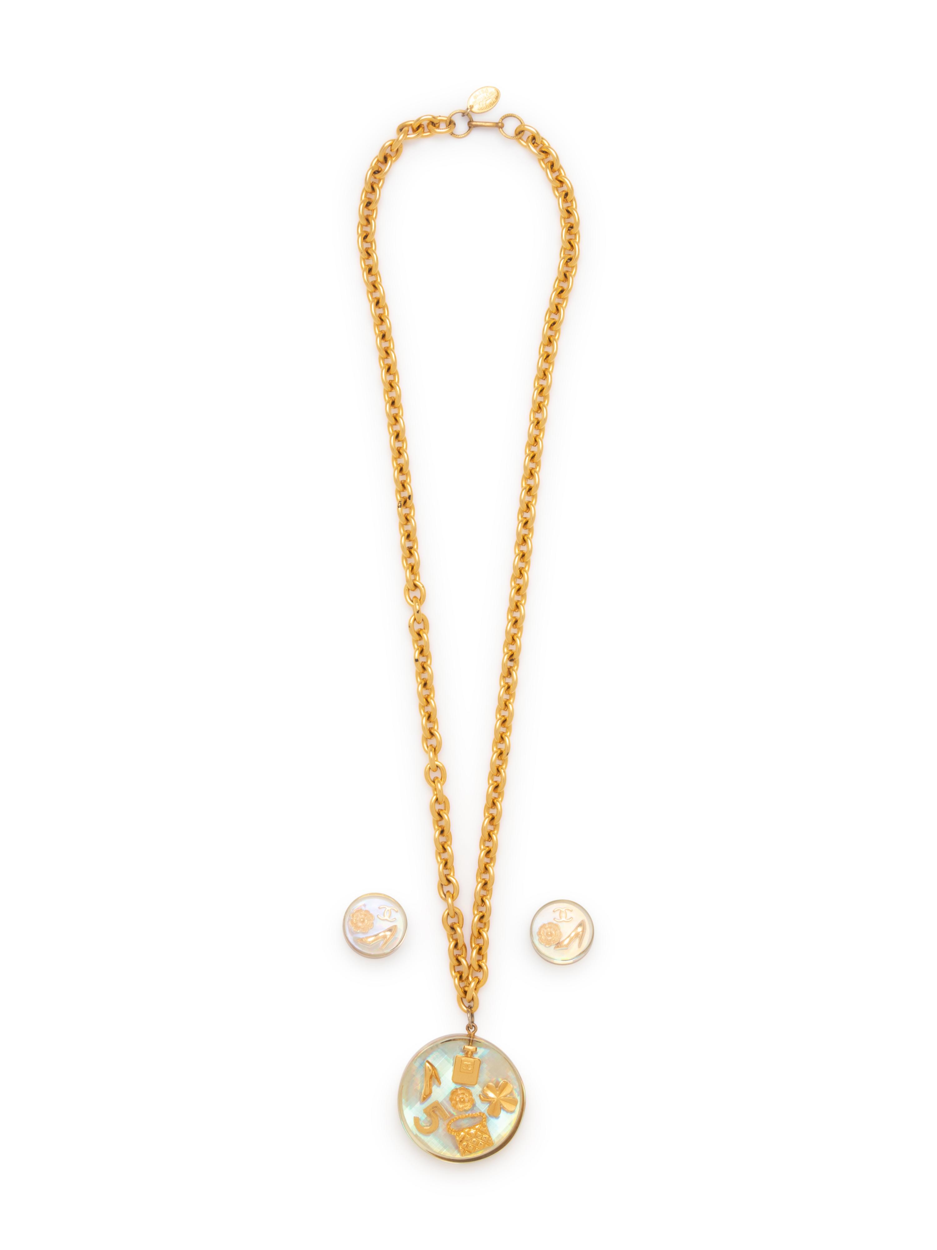 Chanel Goldtone Lucite Pendant & Matching Pair of Ear Clips, 1997