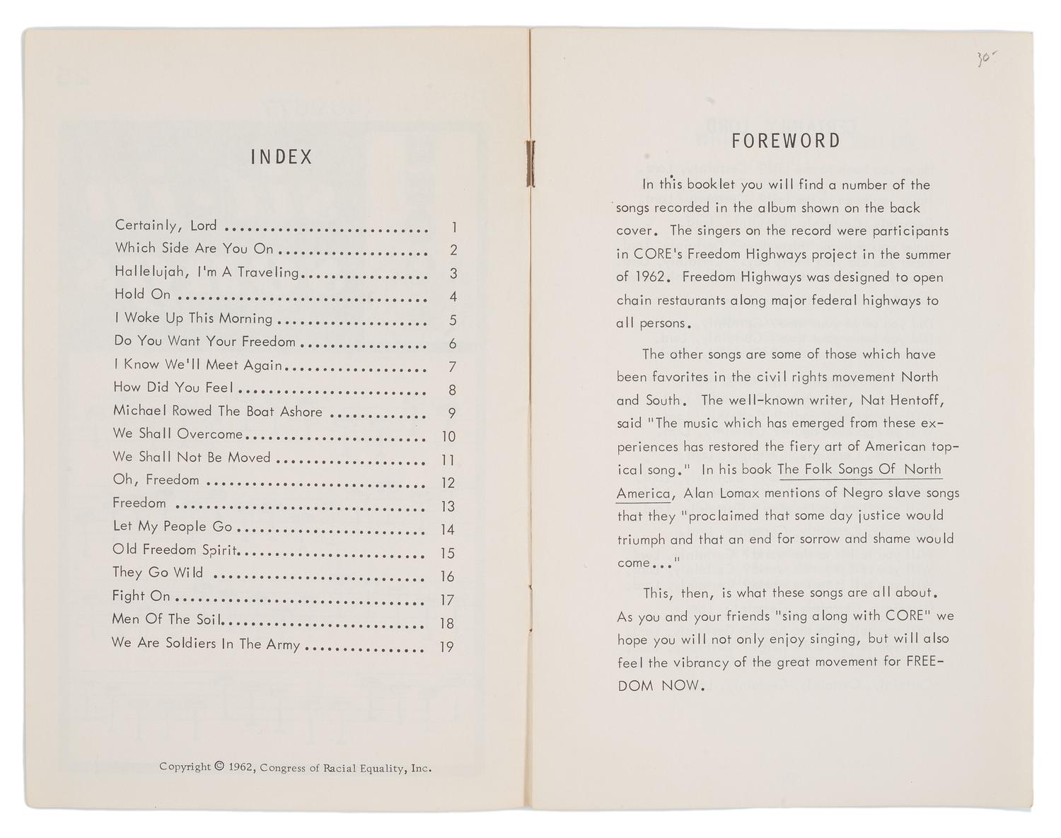 [CIVIL RIGHTS]. CORE Sit-In Songs . New York: Congress of Racial Equality, 1962.