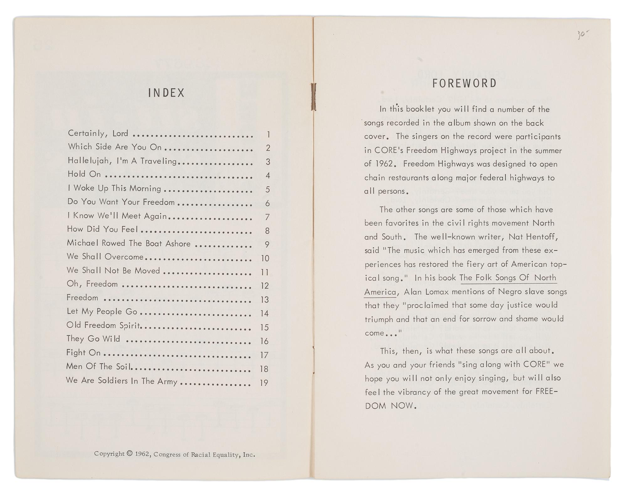 [CIVIL RIGHTS]. CORE Sit-In Songs . New York: Congress of Racial Equality, 1962.
