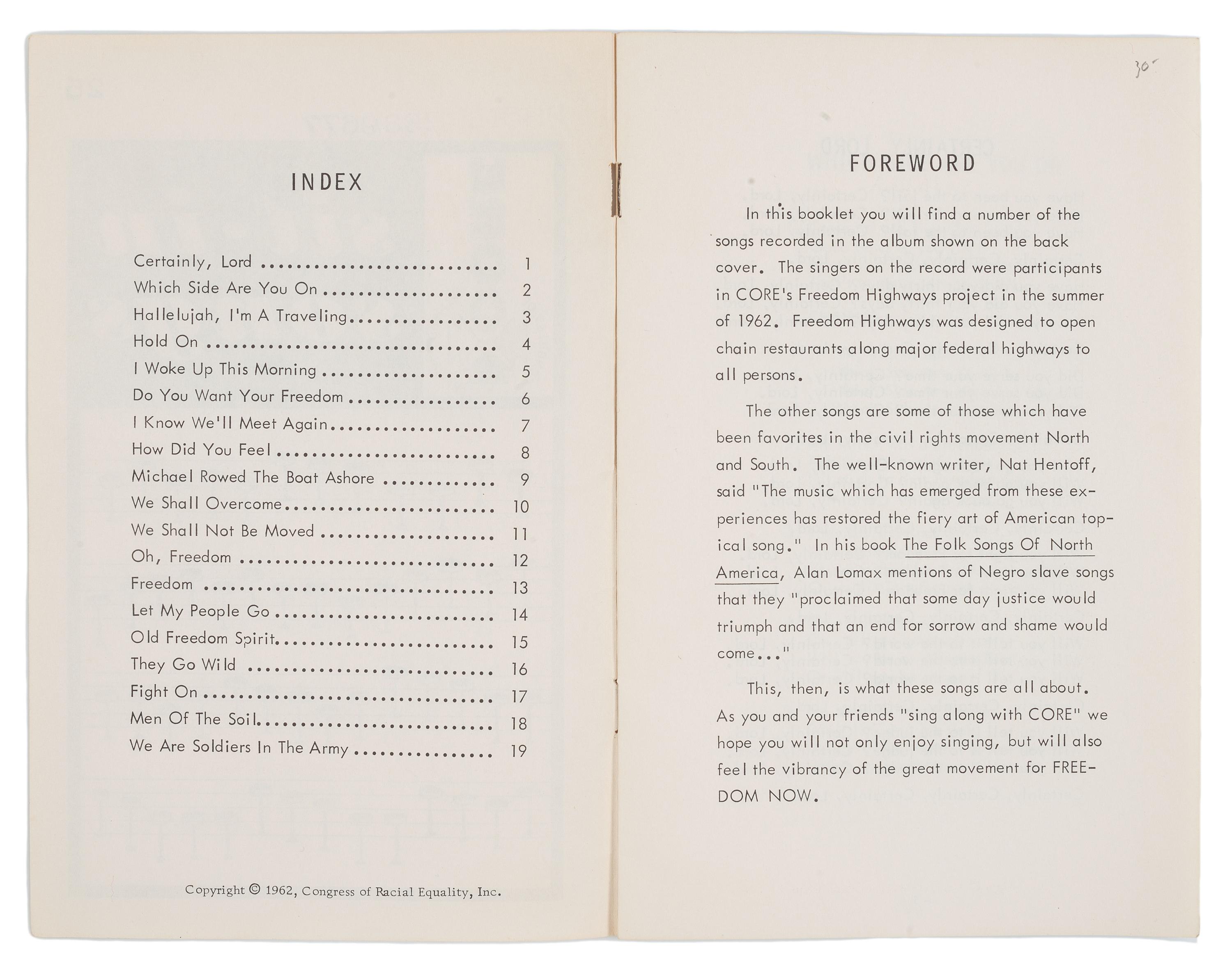 [CIVIL RIGHTS]. CORE Sit-In Songs . New York: Congress of Racial Equality, 1962.