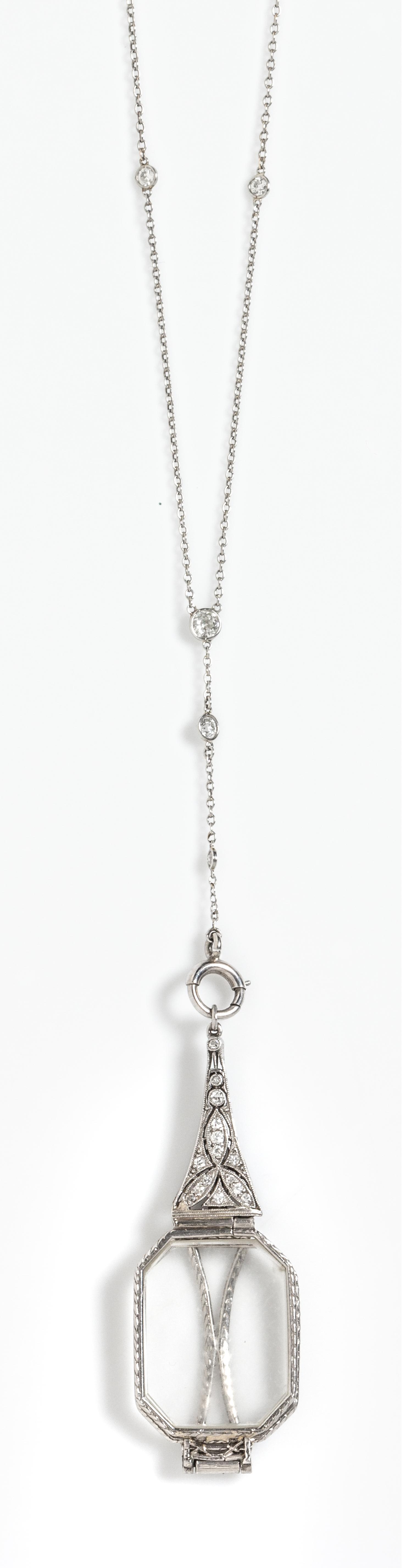 An Art Deco Platinum, Diamond and Pearl Lorgnette with 14 Karat White Gold Lavalier Longchain, 11.50 dwts.