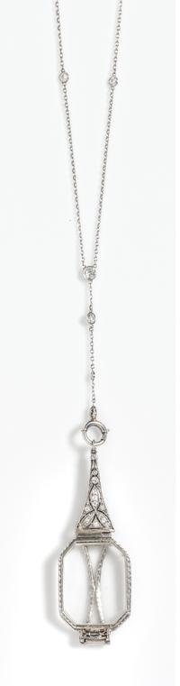 An Art Deco Platinum, Diamond and Pearl Lorgnette with 14 Karat White Gold Lavalier Longchain, 11.50 dwts.