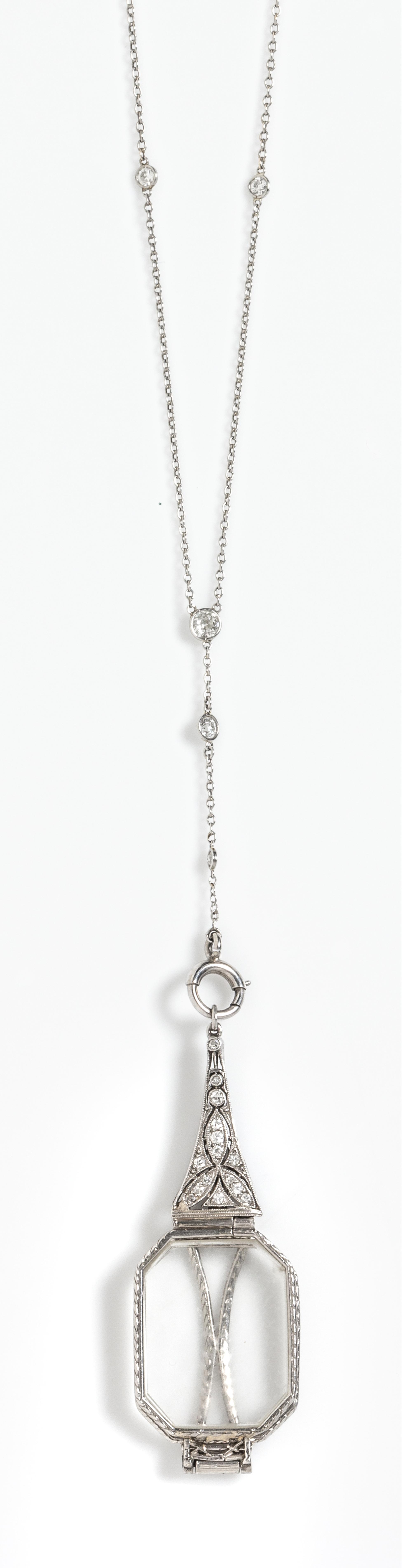 An Art Deco Platinum, Diamond and Pearl Lorgnette with 14 Karat White Gold Lavalier Longchain, 11.50 dwts.