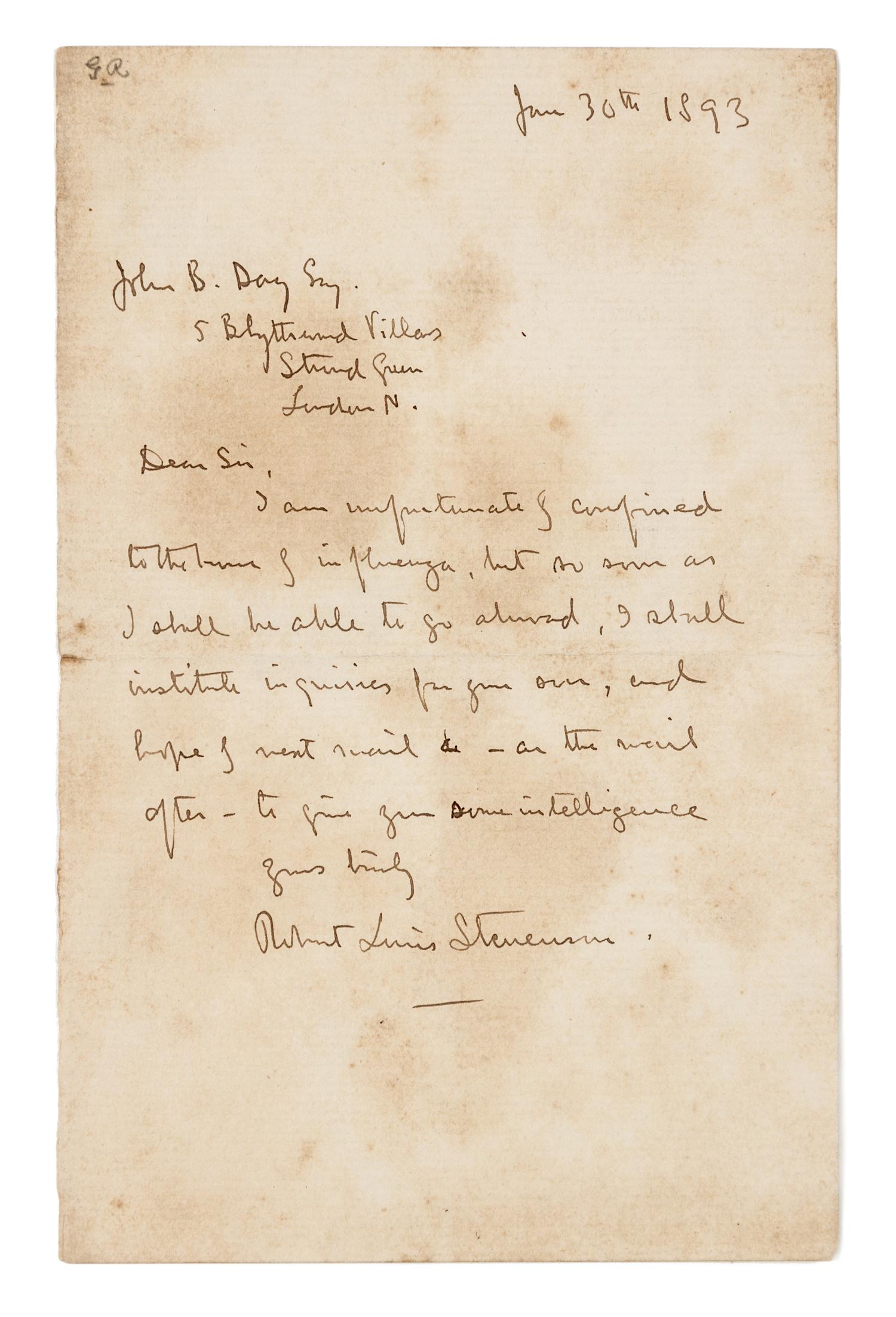STEVENSON, Robert Louis. Autographed letter signed ("Robert Louis Stevenson"), to his publisher John B. Day, London, 30 June 1893.