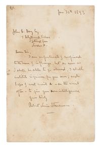STEVENSON, Robert Louis. Autographed letter signed ("Robert Louis Stevenson"), to his publisher John B. Day, London, 30 June 1893.