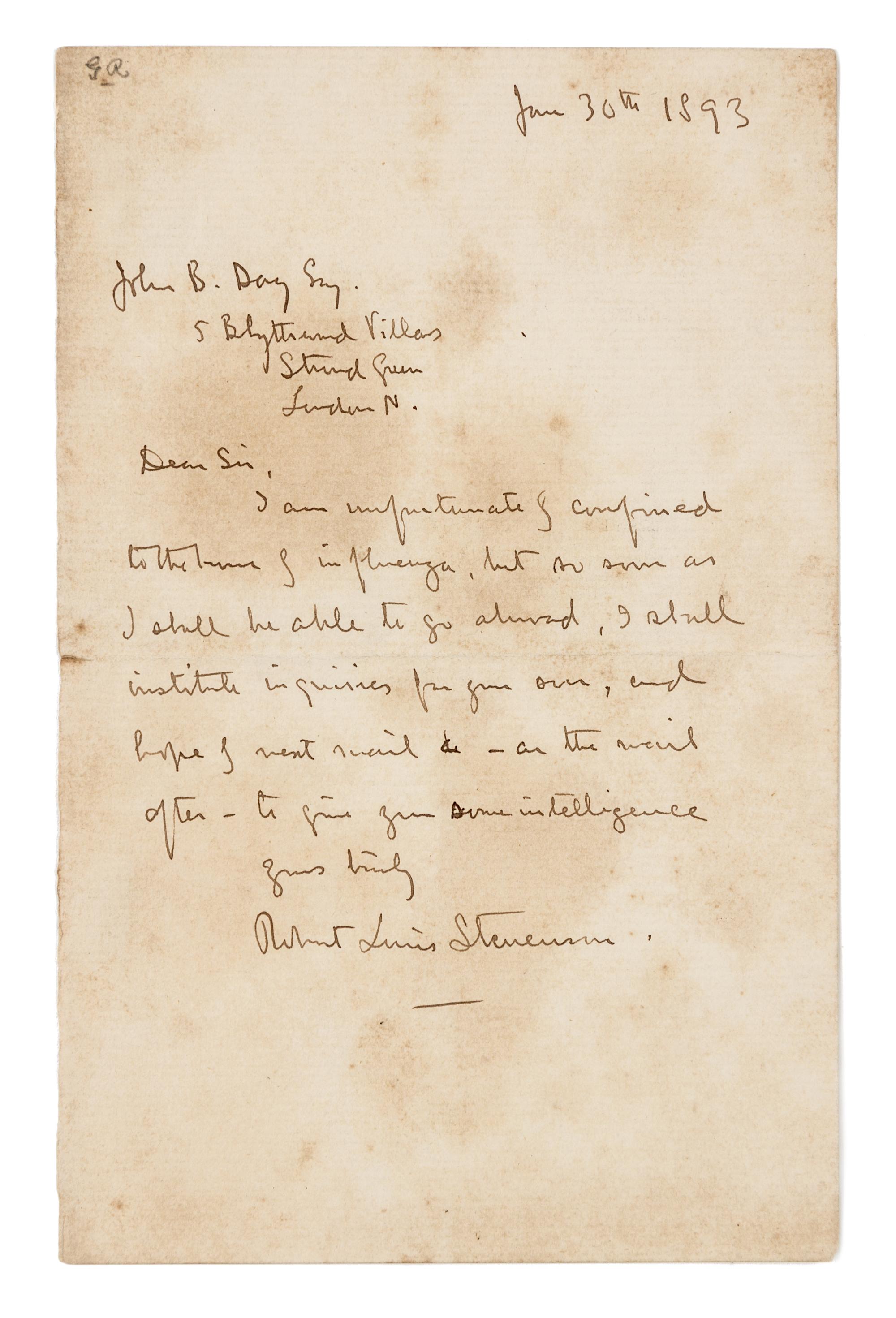 STEVENSON, Robert Louis. Autographed letter signed ("Robert Louis Stevenson"), to his publisher John B. Day, London, 30 June 1893.