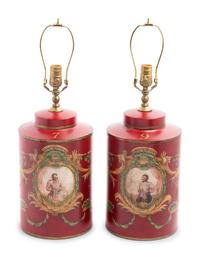 A Pair of Polychrome Painted Tea Canisters Mounted as Lamps