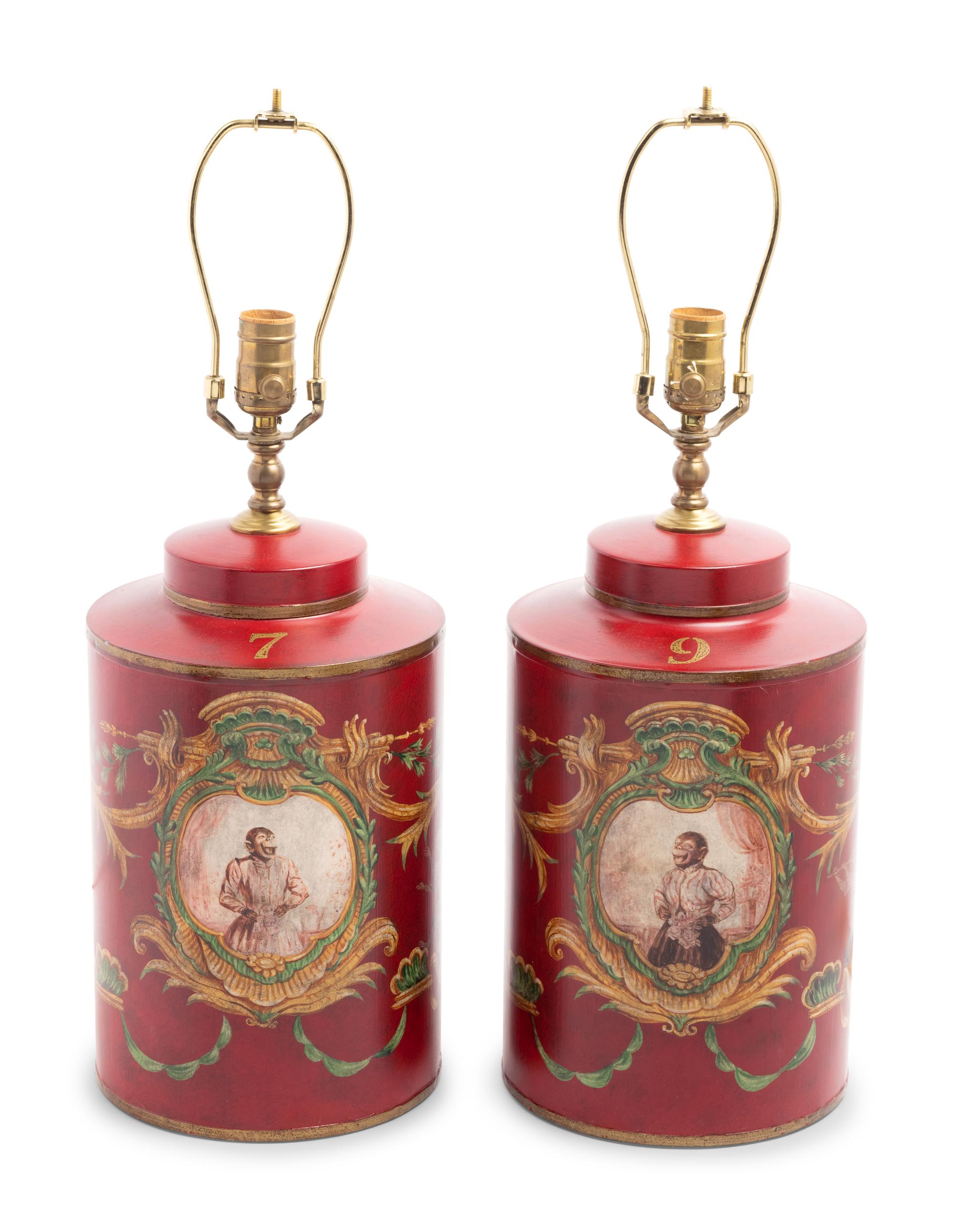 A Pair of Polychrome Painted Tea Canisters Mounted as Lamps