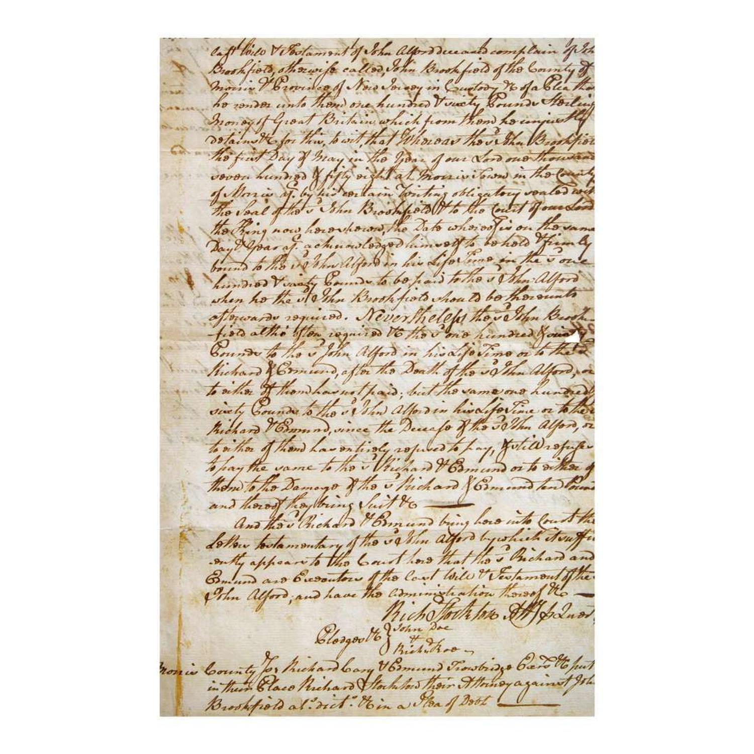[Americana] [Declaration of Independence] Stockton, Richard Autograph Document, signed