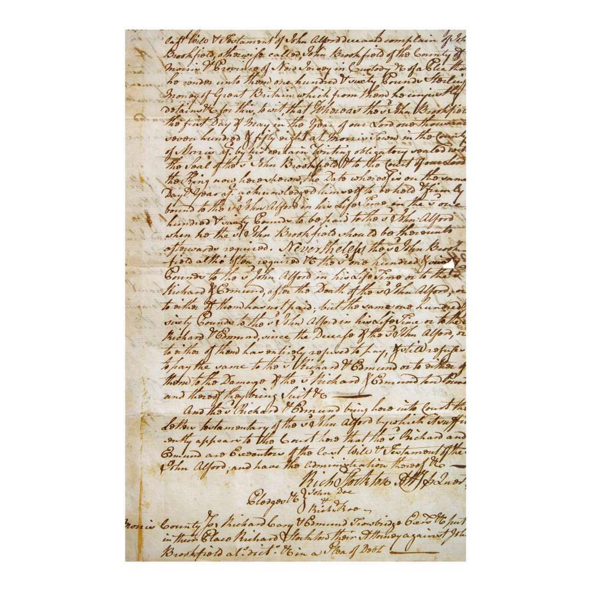 [Americana] [Declaration of Independence] Stockton, Richard Autograph Document, signed