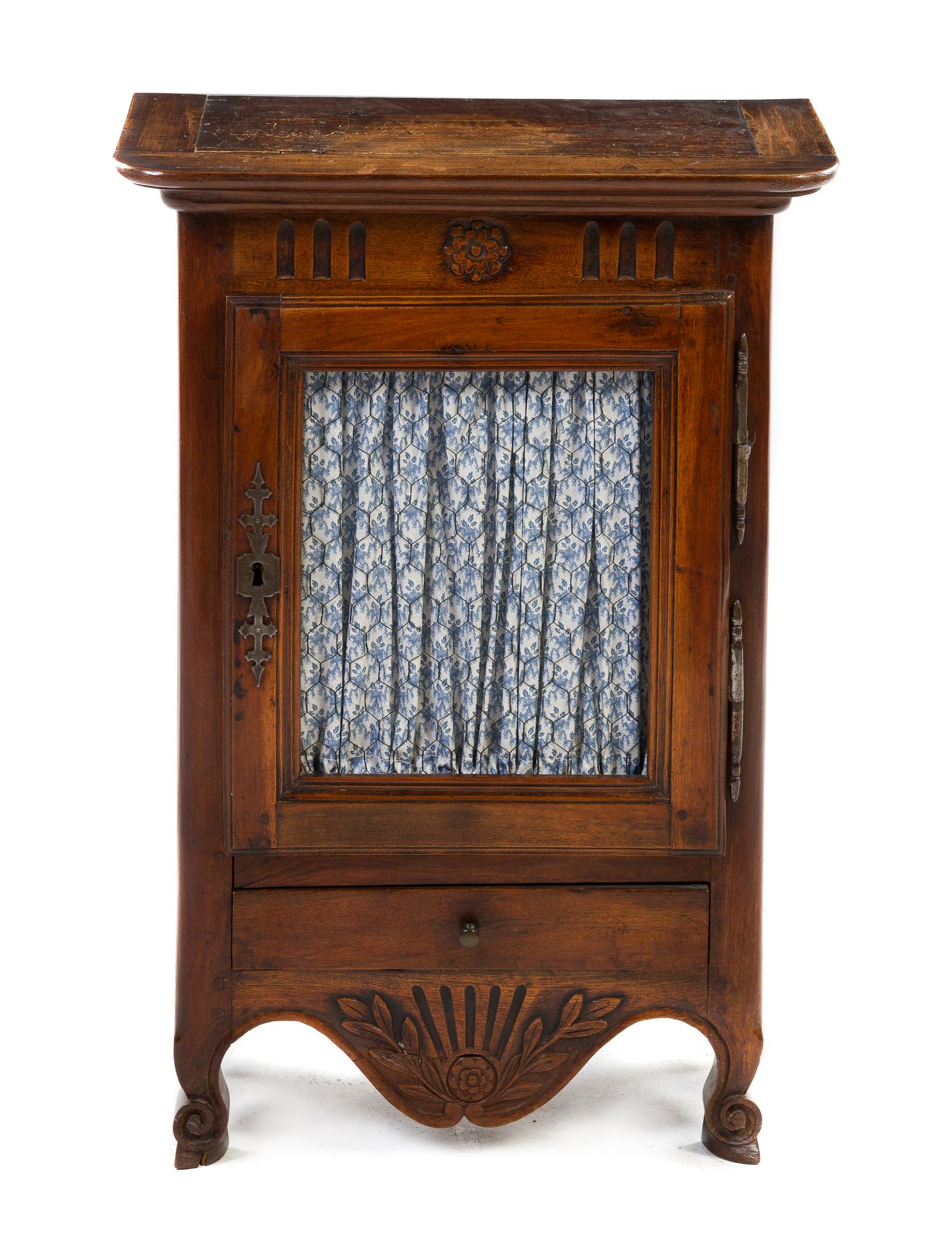 A French Provincial Walnut Cupboard, Height 33 5/4 x width 24 1/2 x depth 11 3/8 inches.