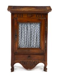 A French Provincial Walnut Cupboard, Height 33 5/4 x width 24 1/2 x depth 11 3/8 inches.