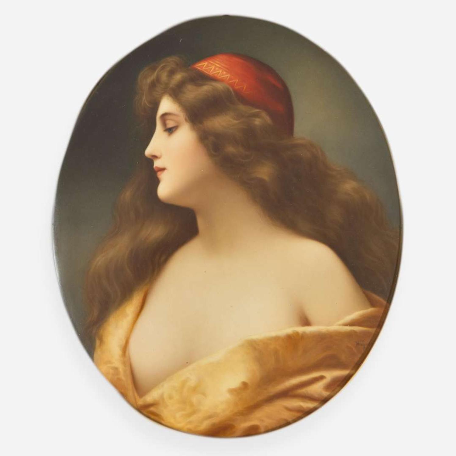 A KPM style painted porcelain plaque depicting Gitana late 19th century