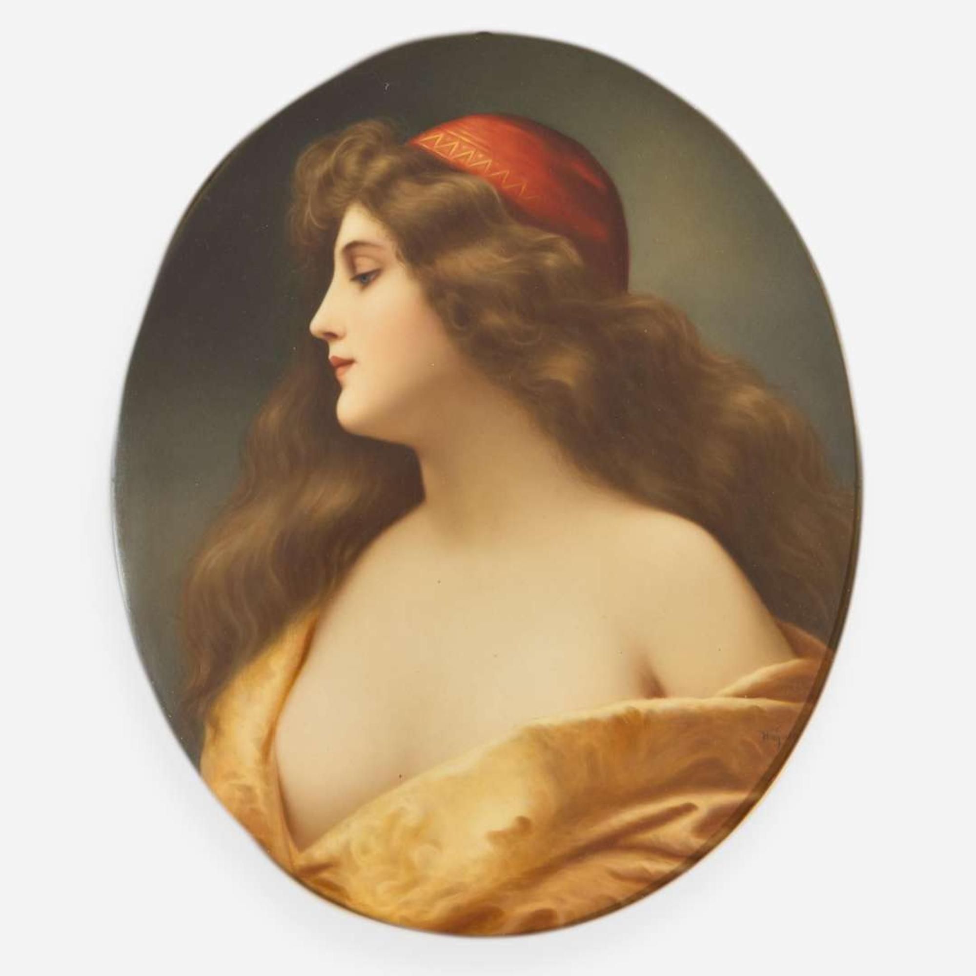 A KPM style painted porcelain plaque depicting Gitana late 19th century