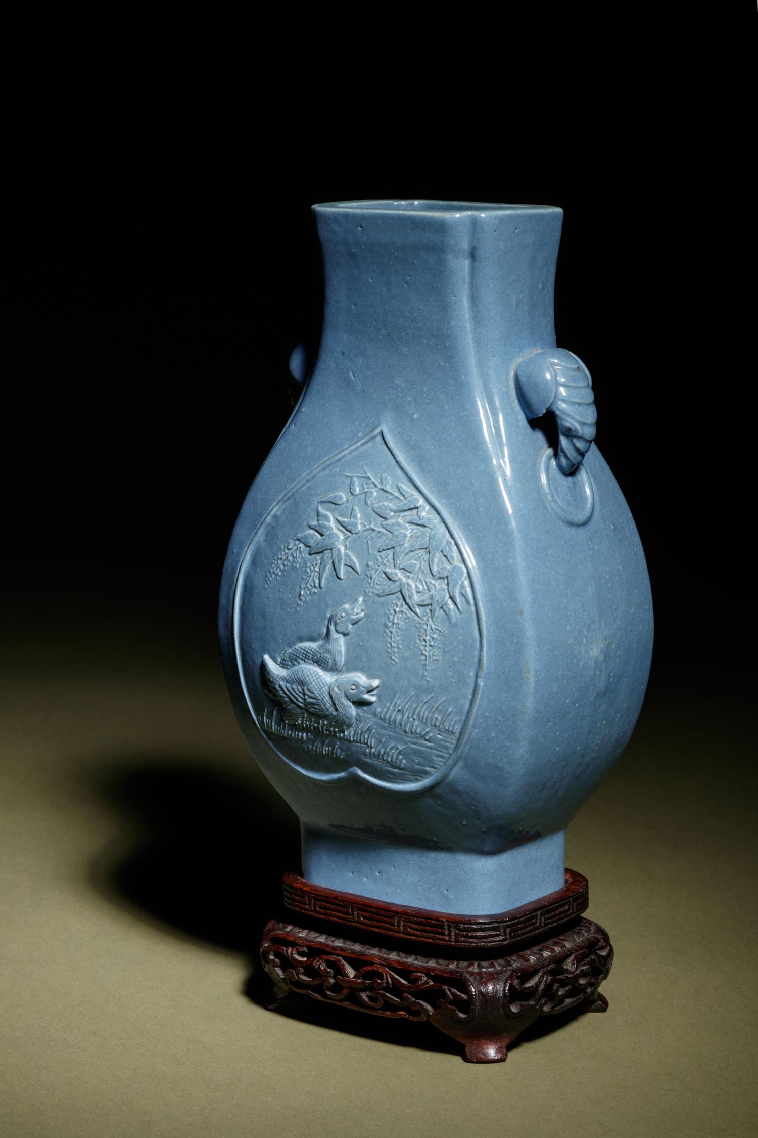 A Blue Glazed Porcelain Fanghu Vase