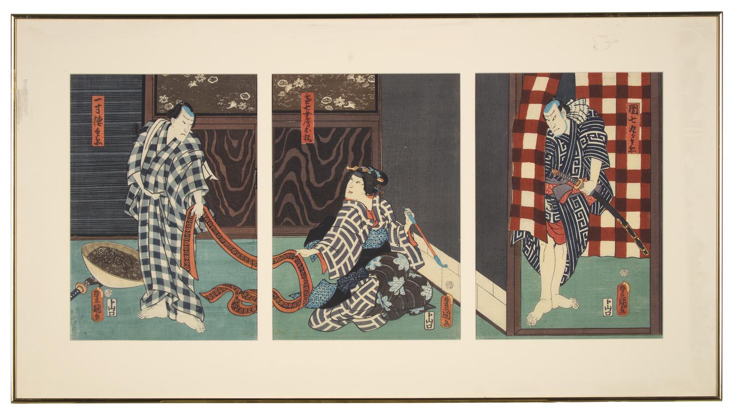 Kunisada (Toyokuni III, Japanese 1786-1864) Two Framed Kabuki Triptychs