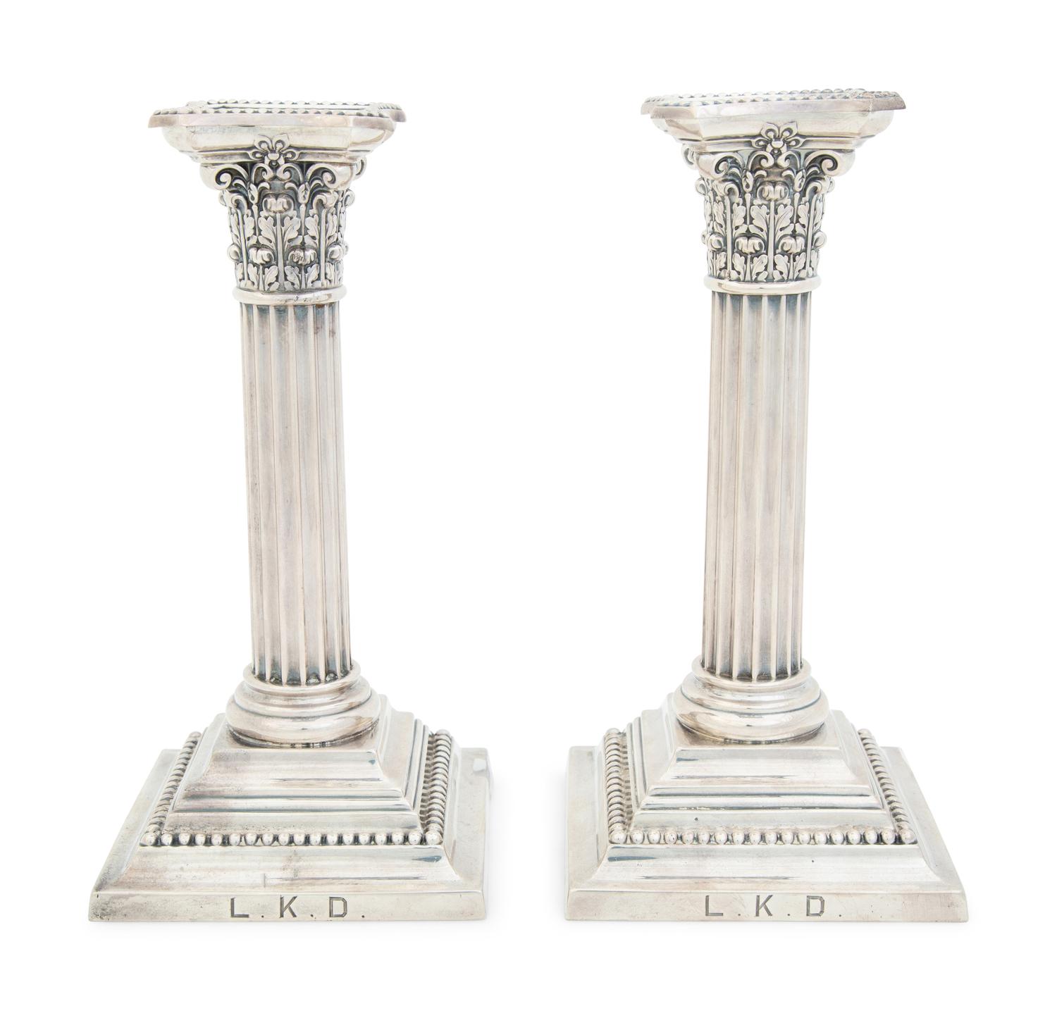 A Pair American Weighted Silver Corinthian Column Candlesticks — Gorham Mfg. Co., Providence, RI, 20th Century