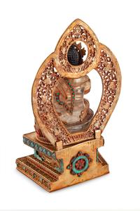 A Tibetan Style Rock Crystal, Gilt Metal Filigree, Turquoise and Carnelian Deity